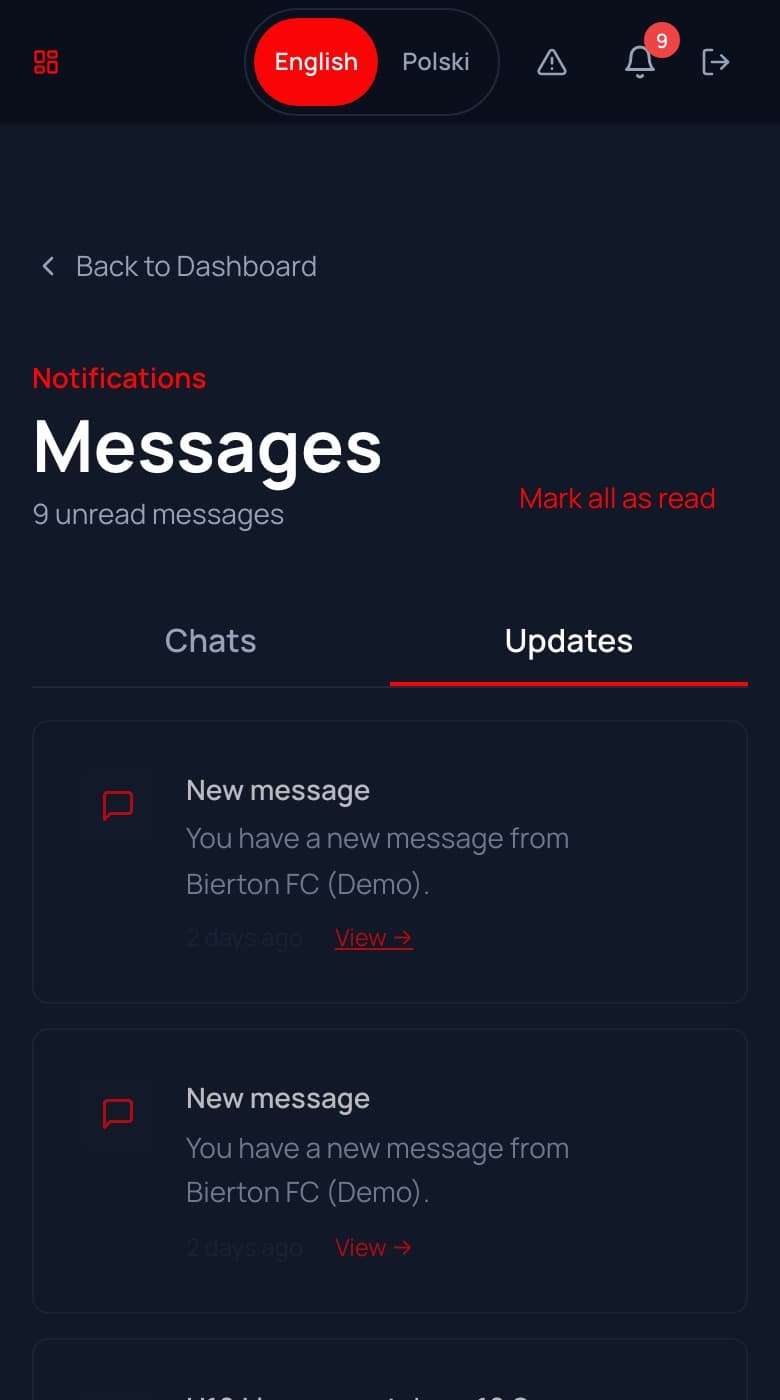 Messages screen from the Bierton FC demo reference