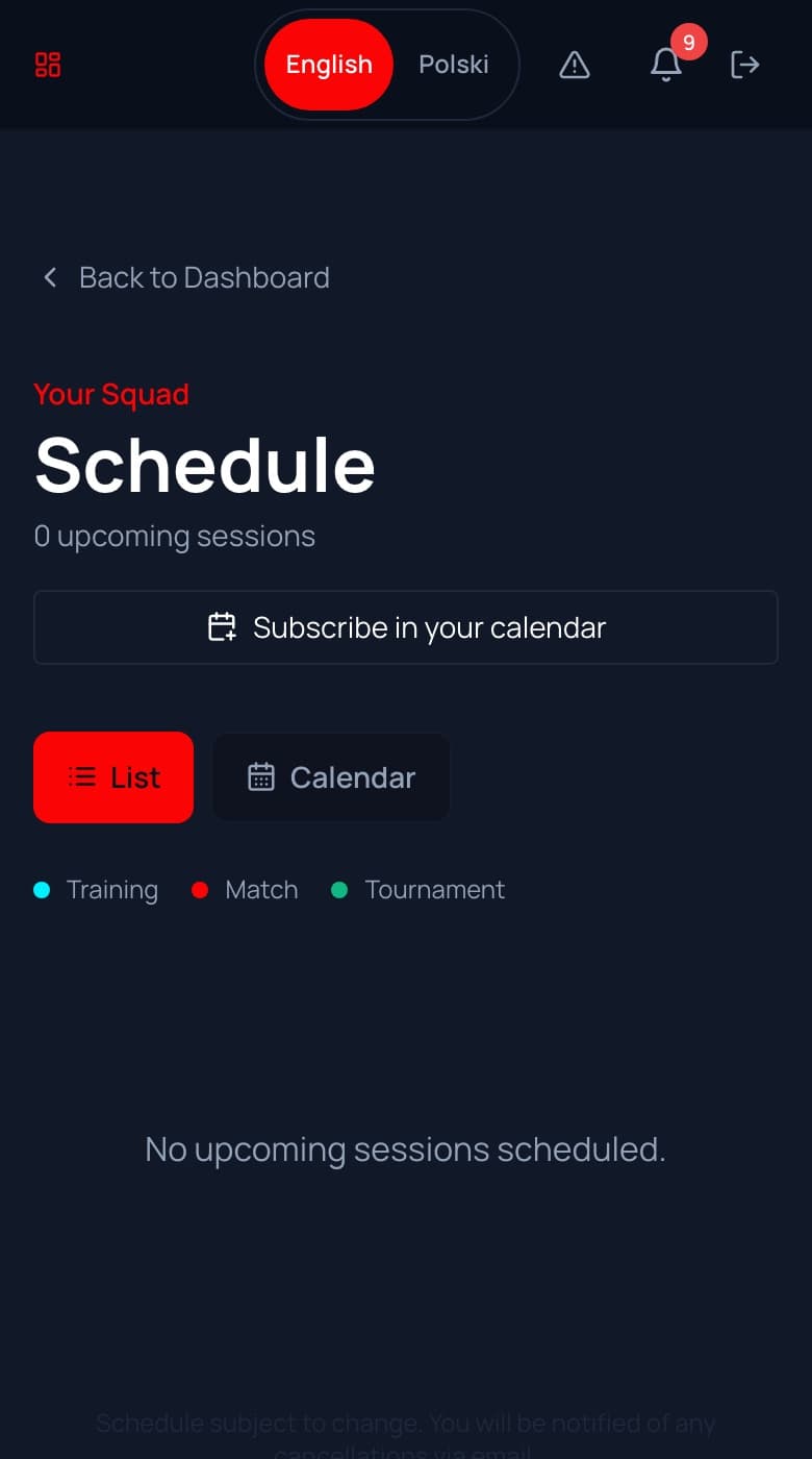 Schedule screen from the Bierton FC demo reference