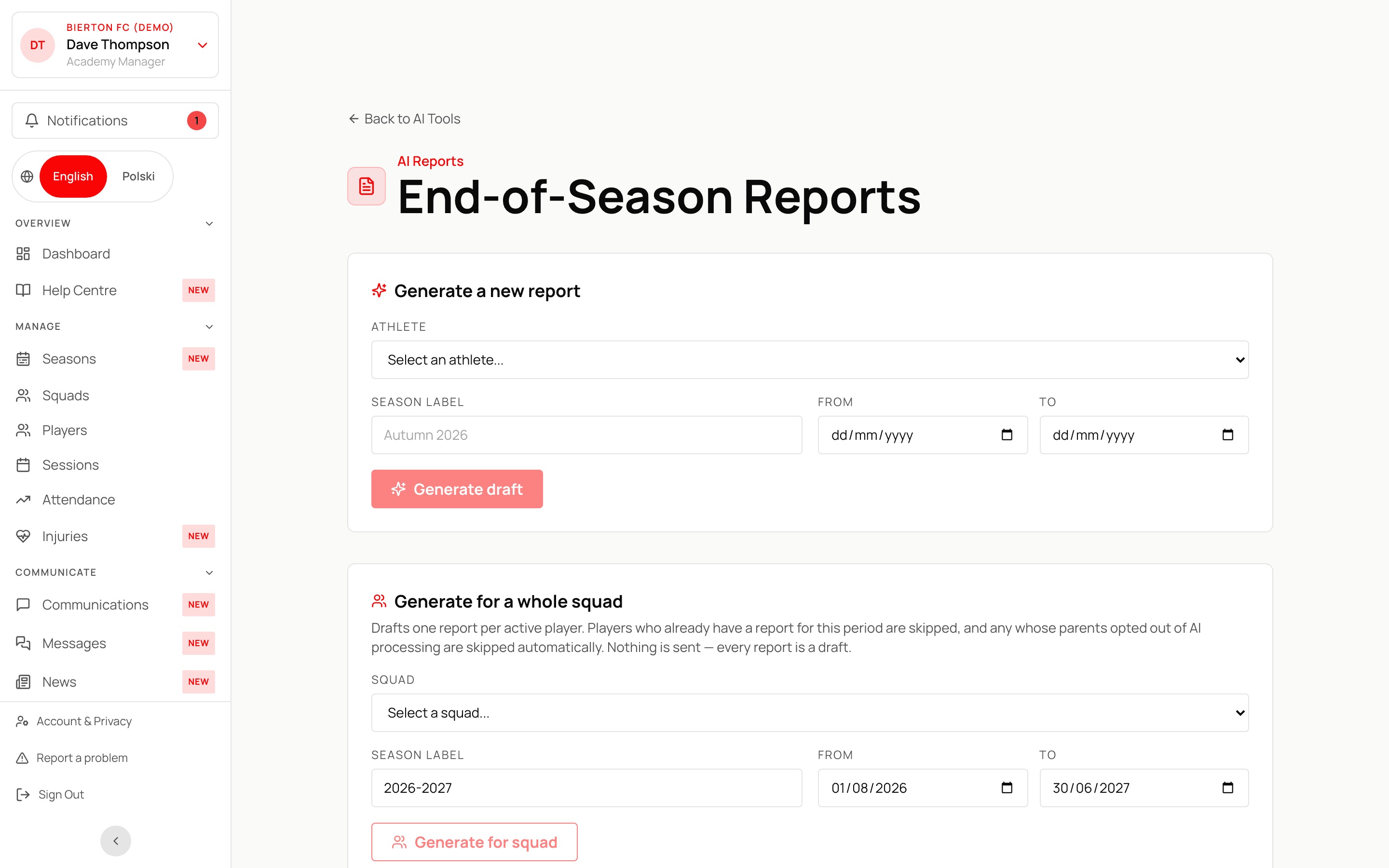 AcademyOS AI report-drafting screen, using the demo academy