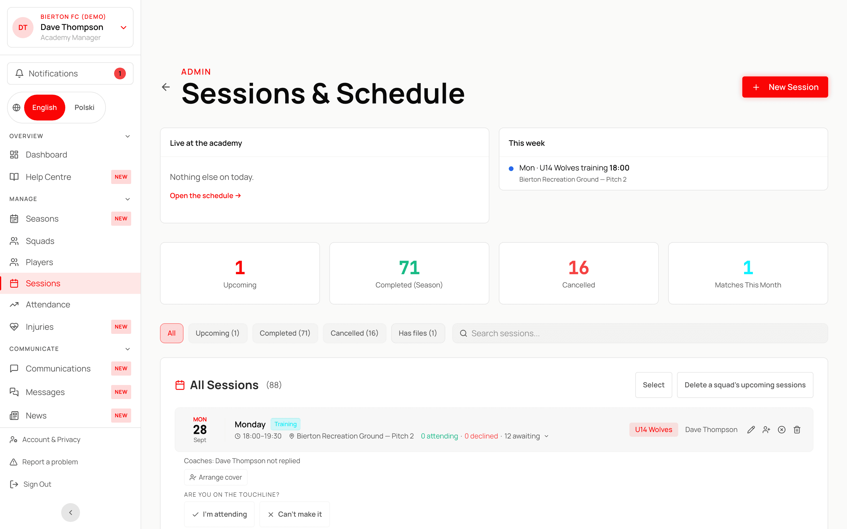 AcademyOS sessions workspace — fictional demo data