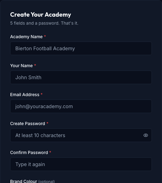 Create Your Academy — product screen