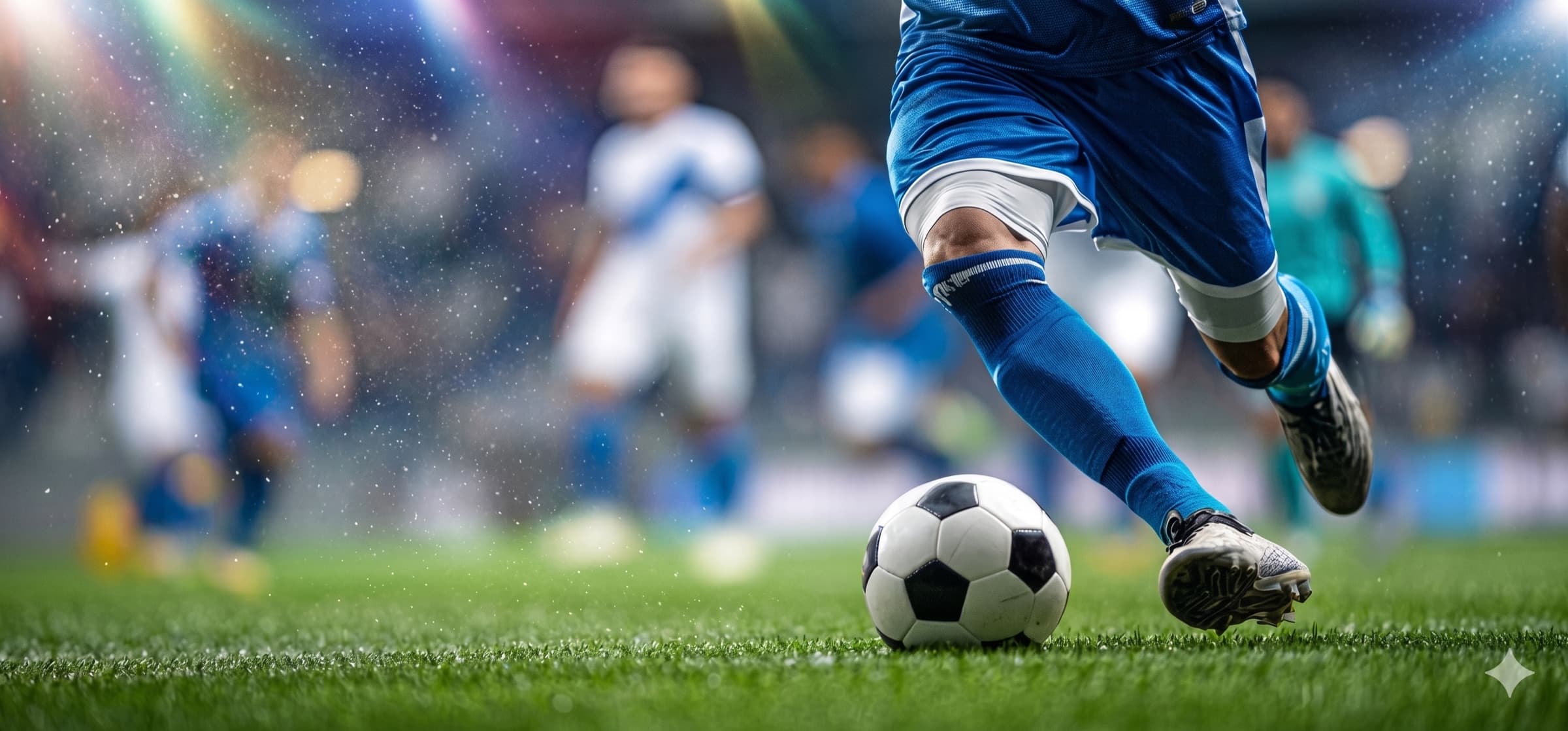 Youth footballer sprinting with the ball on a floodlit pitch — AcademyOS powers grassroots football clubs