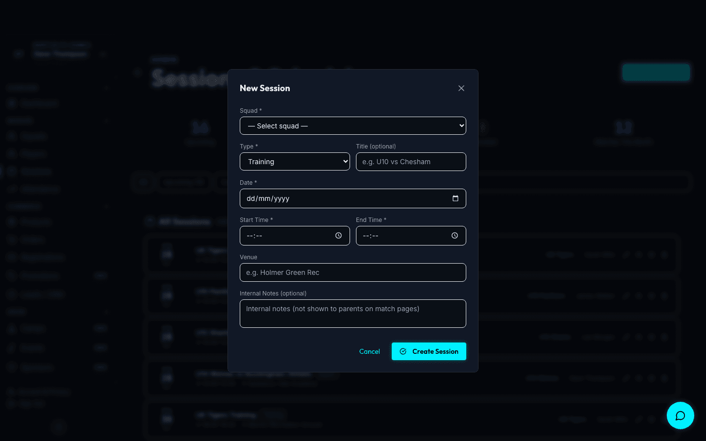 Create match modal with opponent, venue, date, meet time, and match notes fields