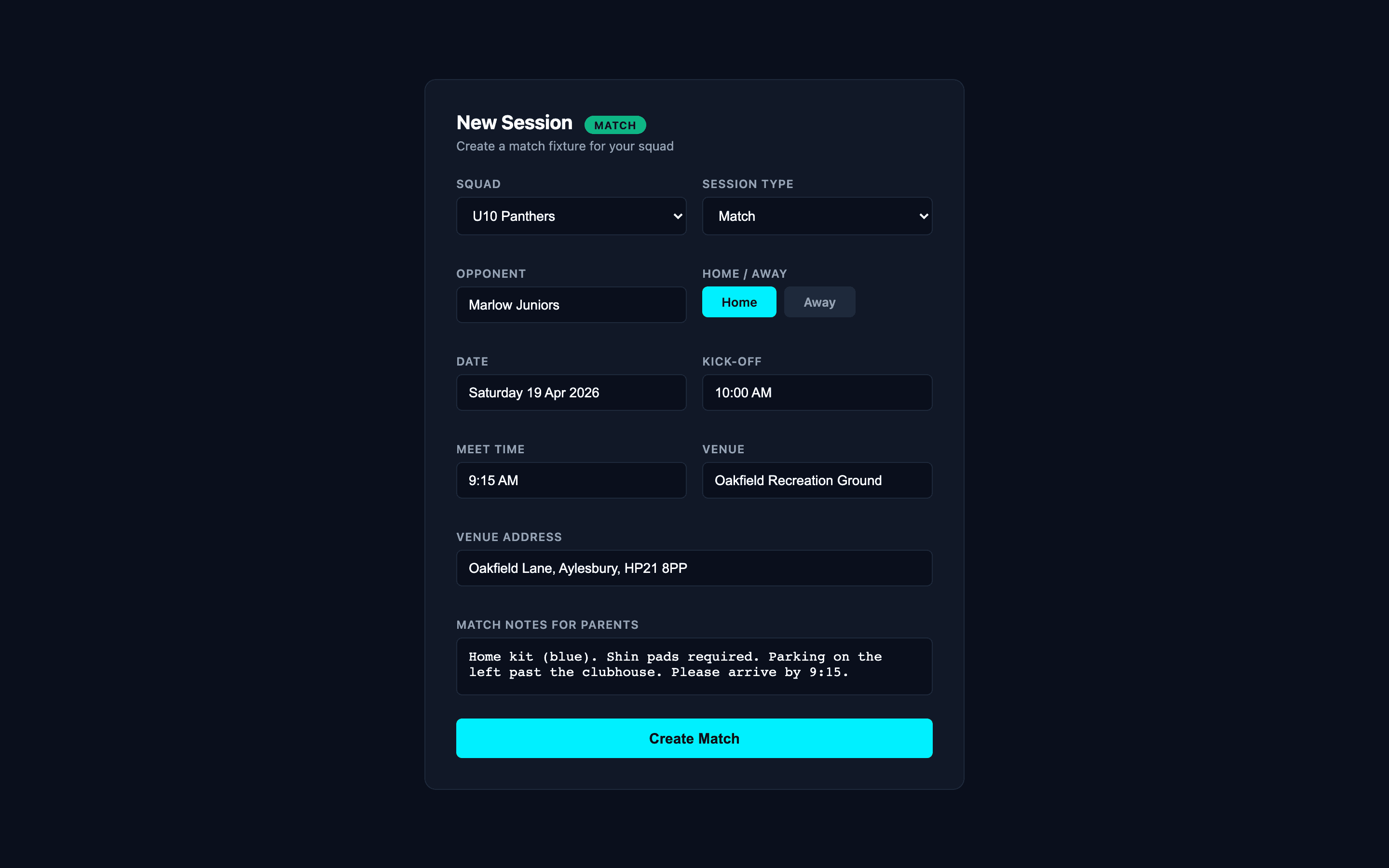 Create match modal with opponent, venue, date, meet time, and match notes fields