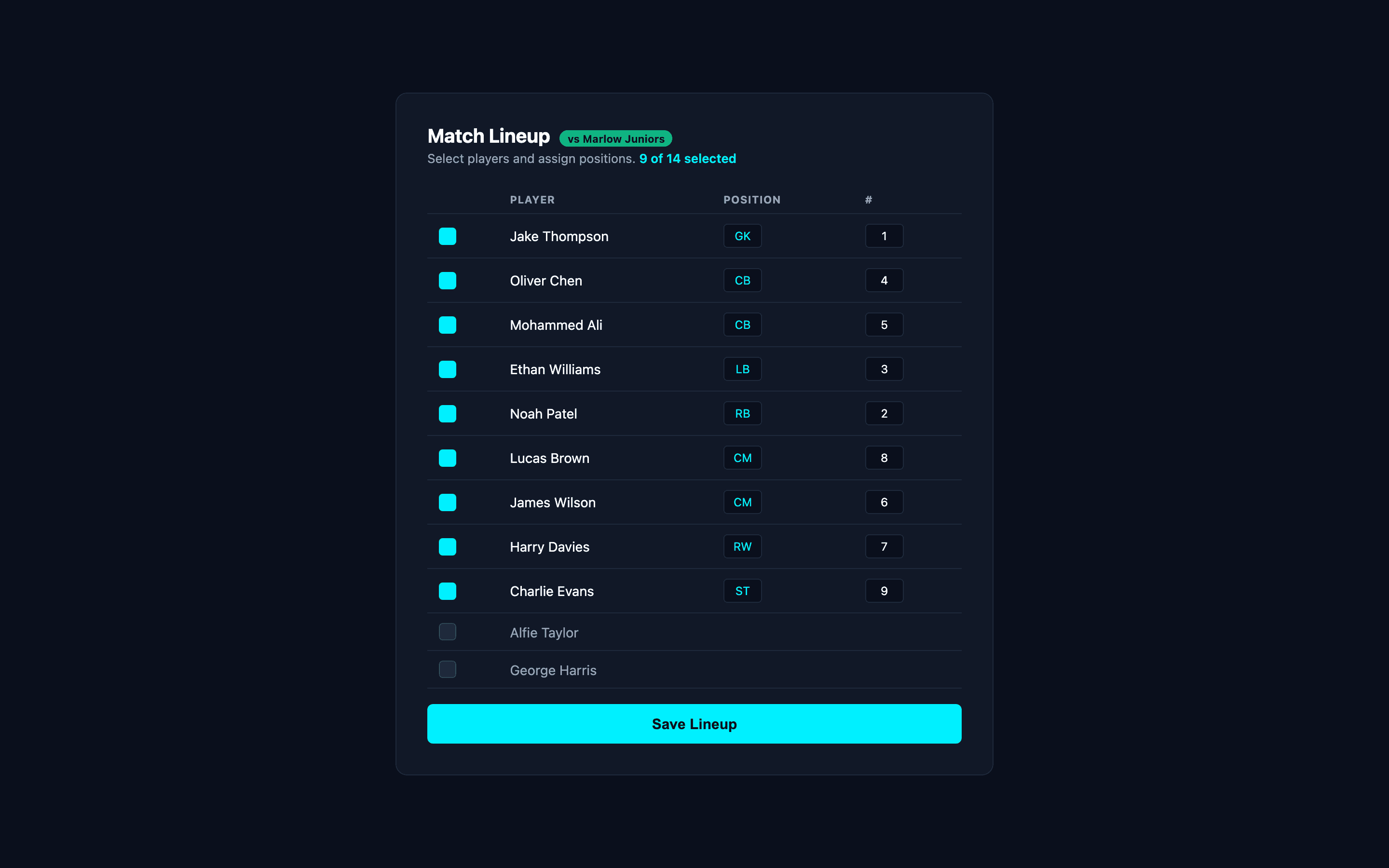 Match lineup selection with player checkboxes, positions, and jersey numbers