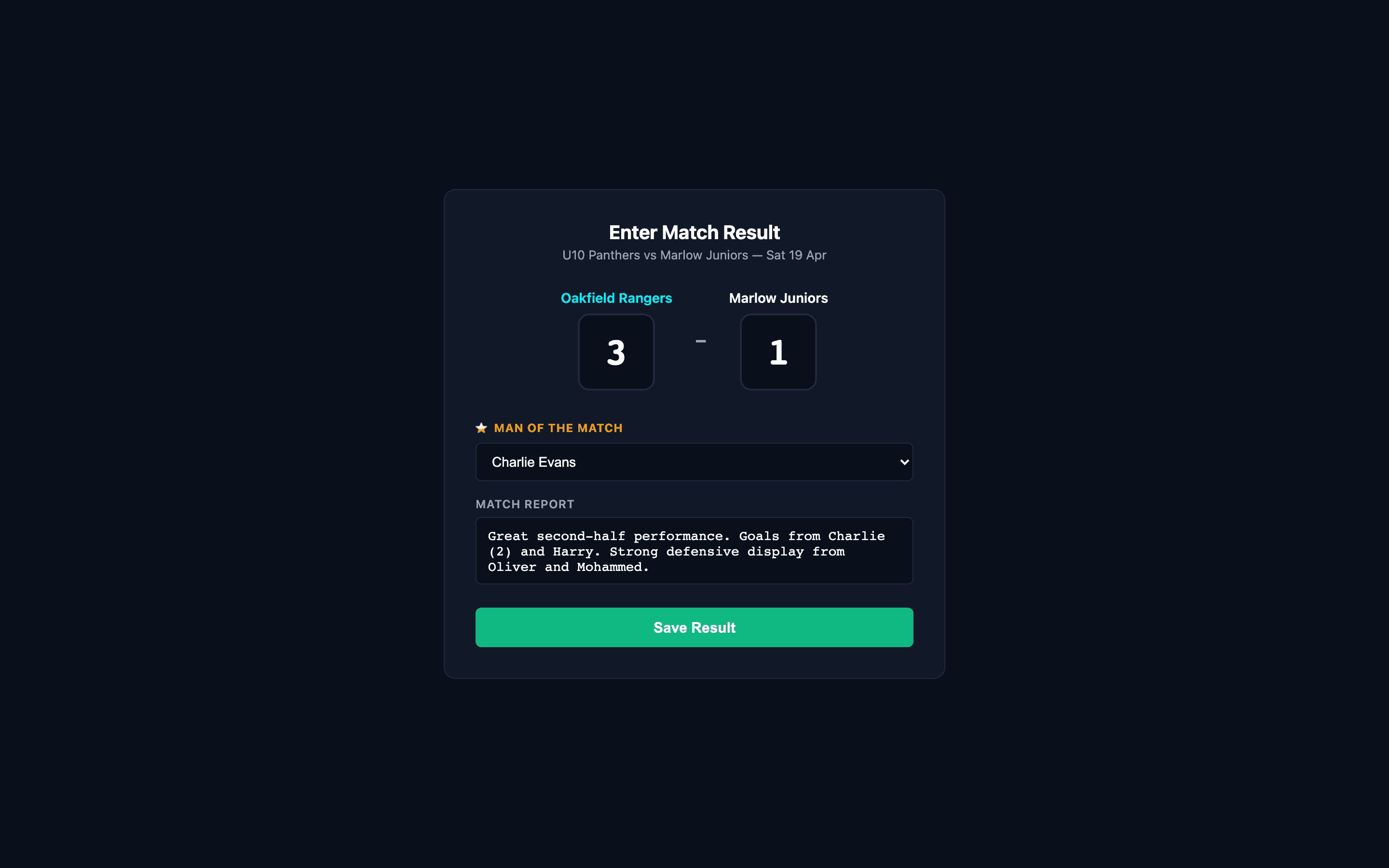 Enter match result modal with score inputs, man of the match, and match report