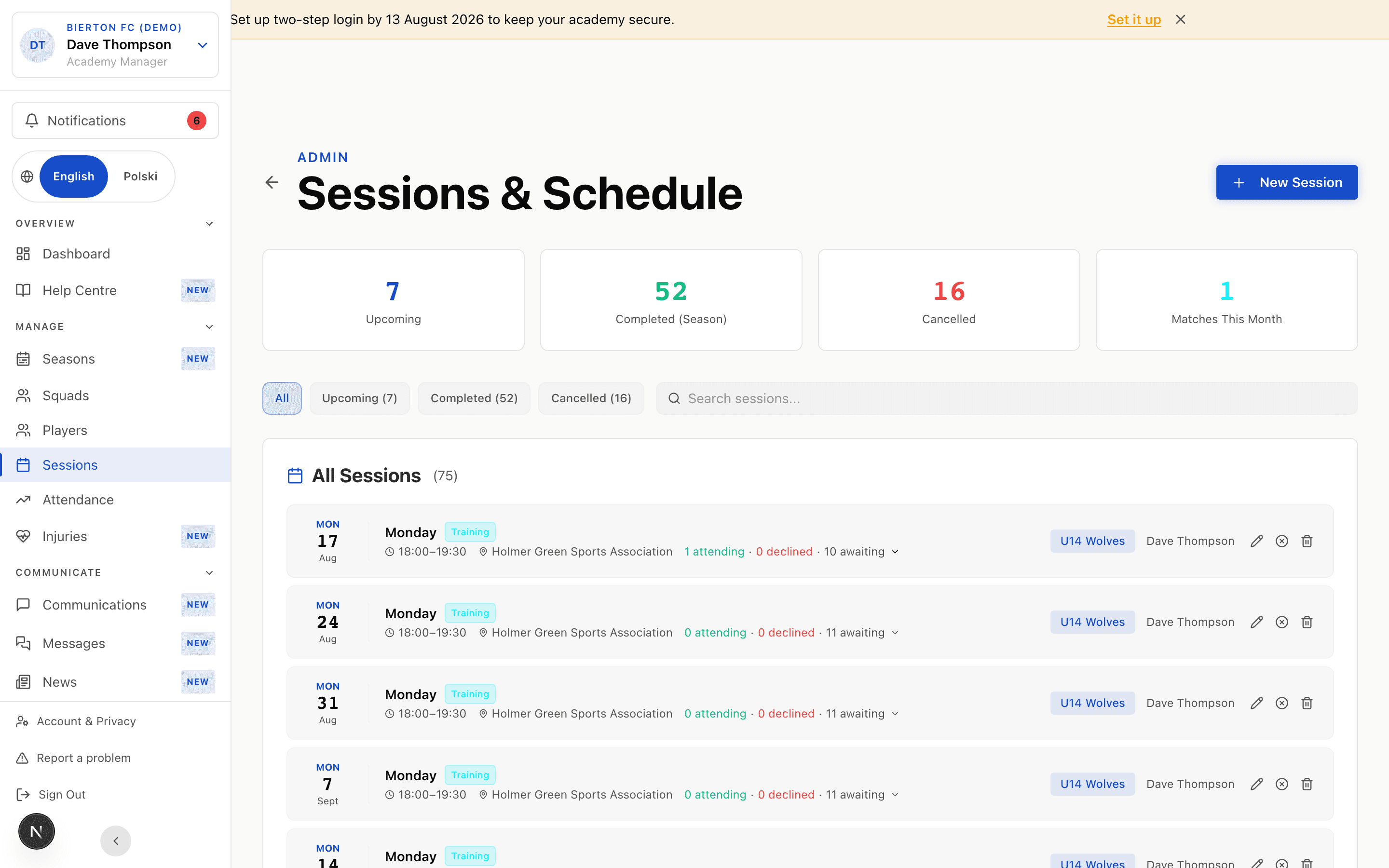 Sessions page showing all scheduled training sessions and matches