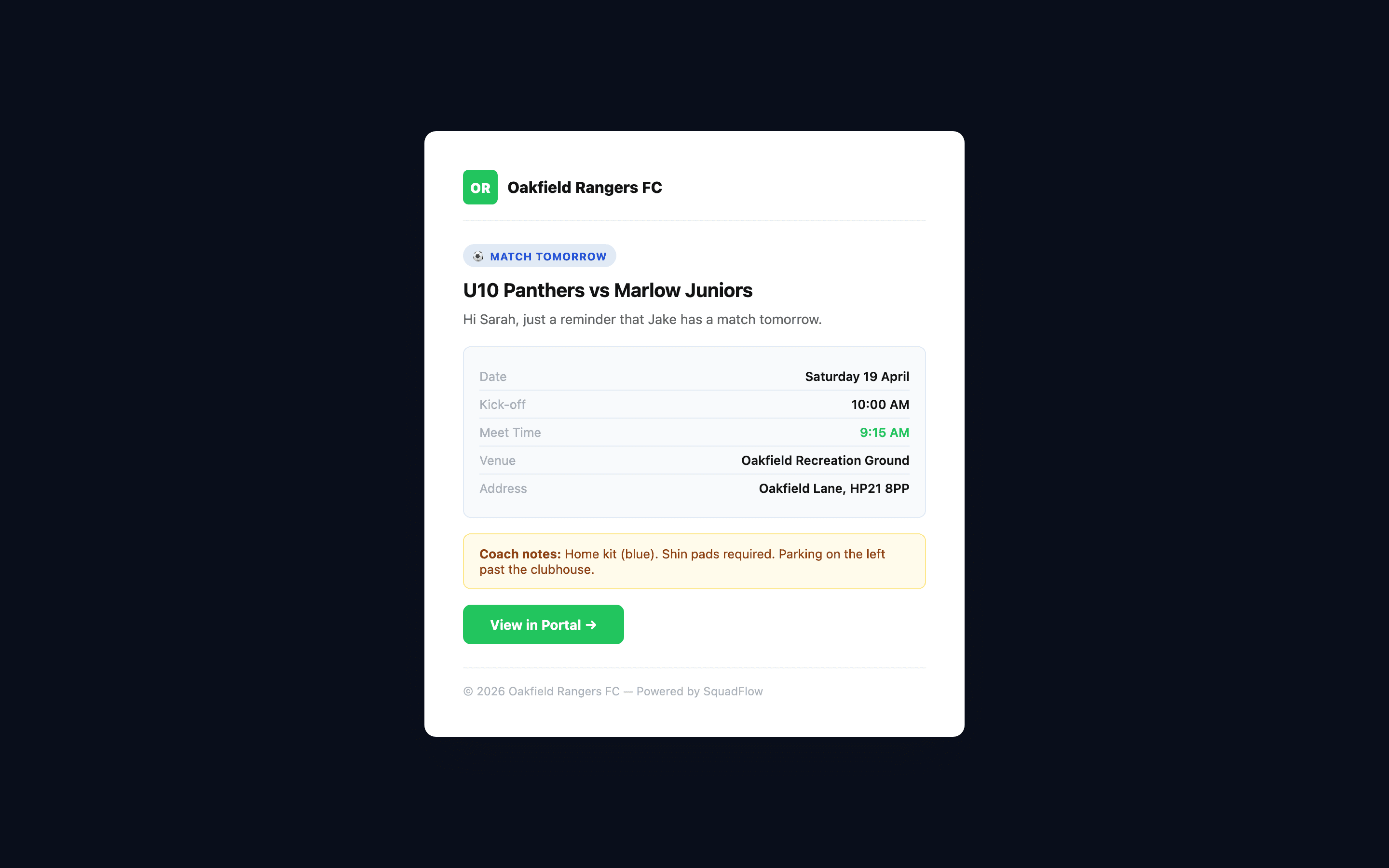 Match reminder email showing date, kick-off, meet time, venue address, and coach notes