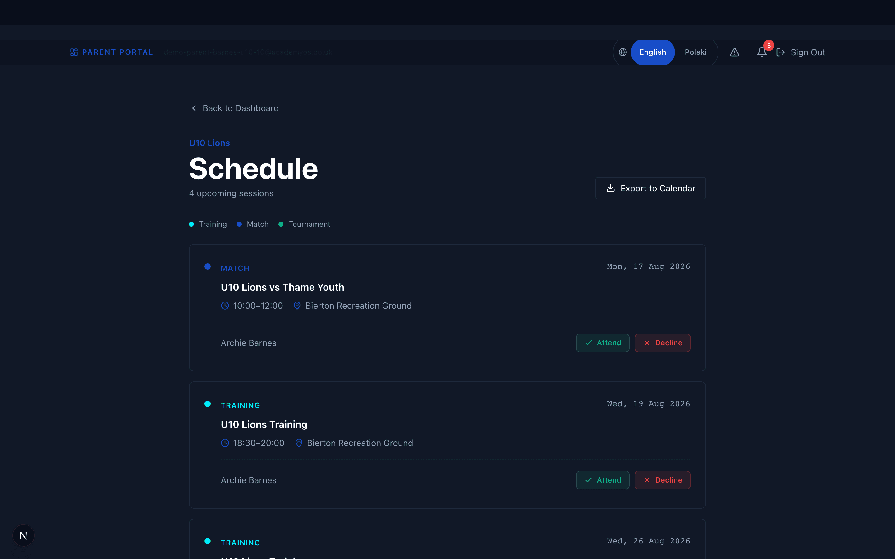 Parent portal schedule page showing upcoming sessions and matches with dates, times, and venues