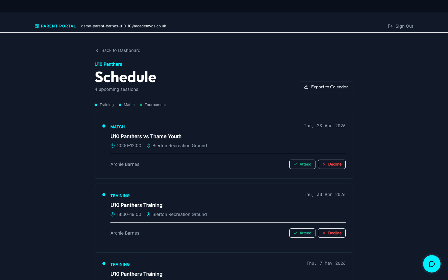 Parent portal schedule page showing upcoming sessions and matches with dates, times, and venues