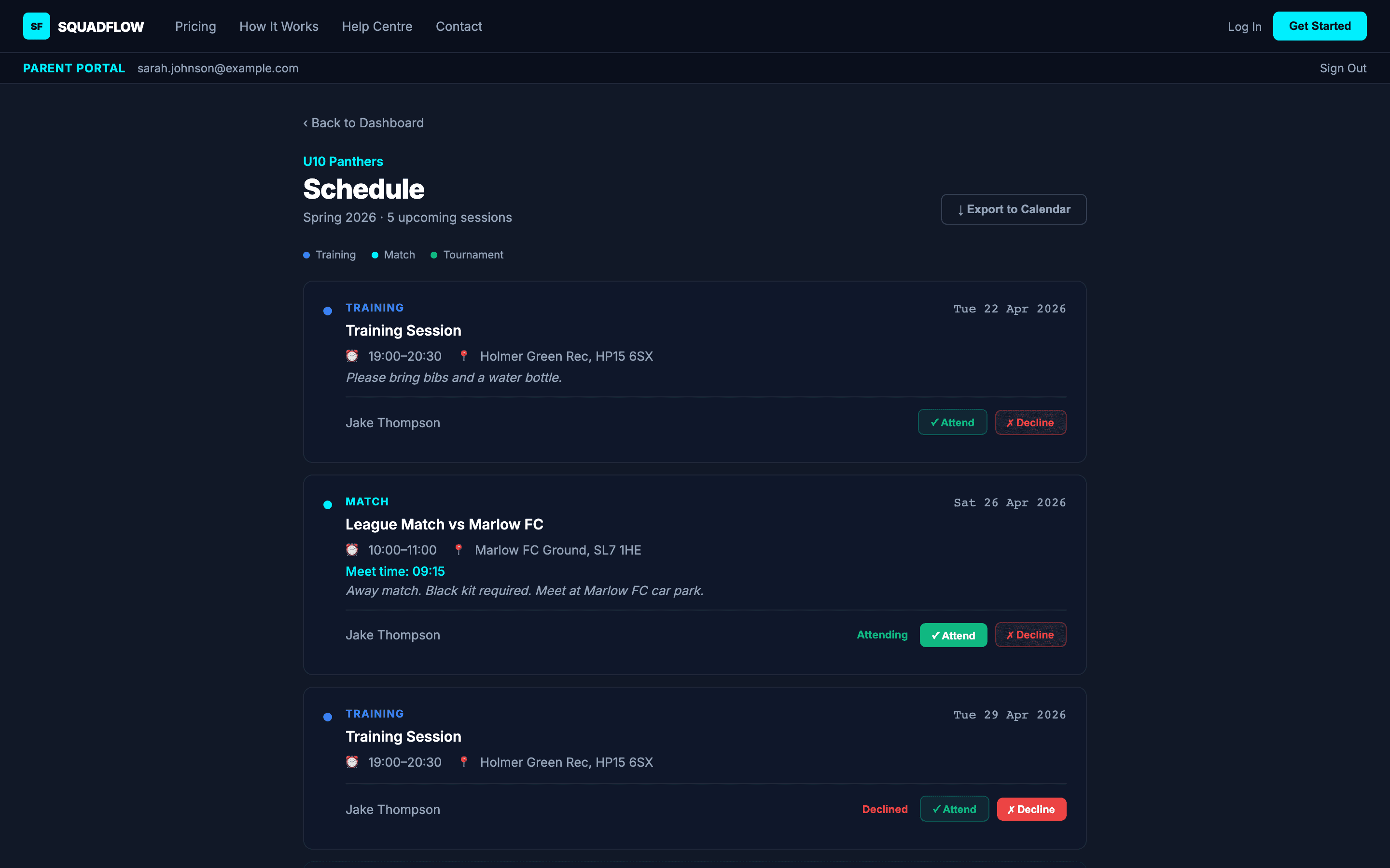 Parent portal schedule page showing upcoming sessions and matches with dates, times, and venues