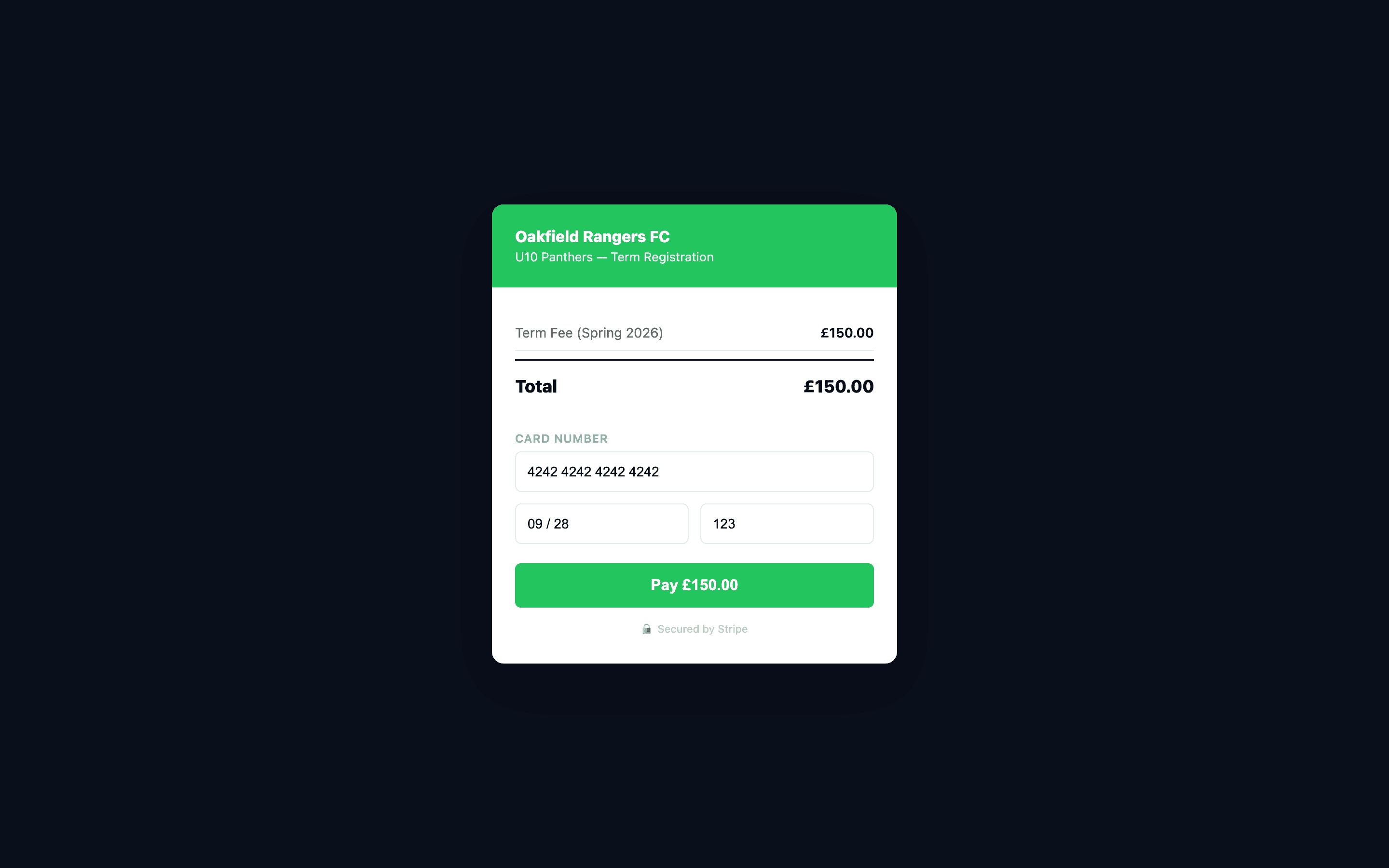 Stripe checkout showing the term fee and an identical total — the price the academy sets is the price the parent pays
