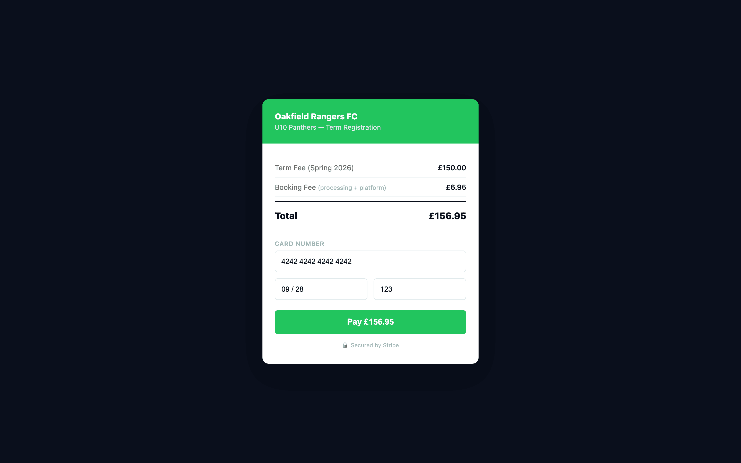 Stripe checkout page showing term fee, booking fee breakdown, card fields, and Pay button