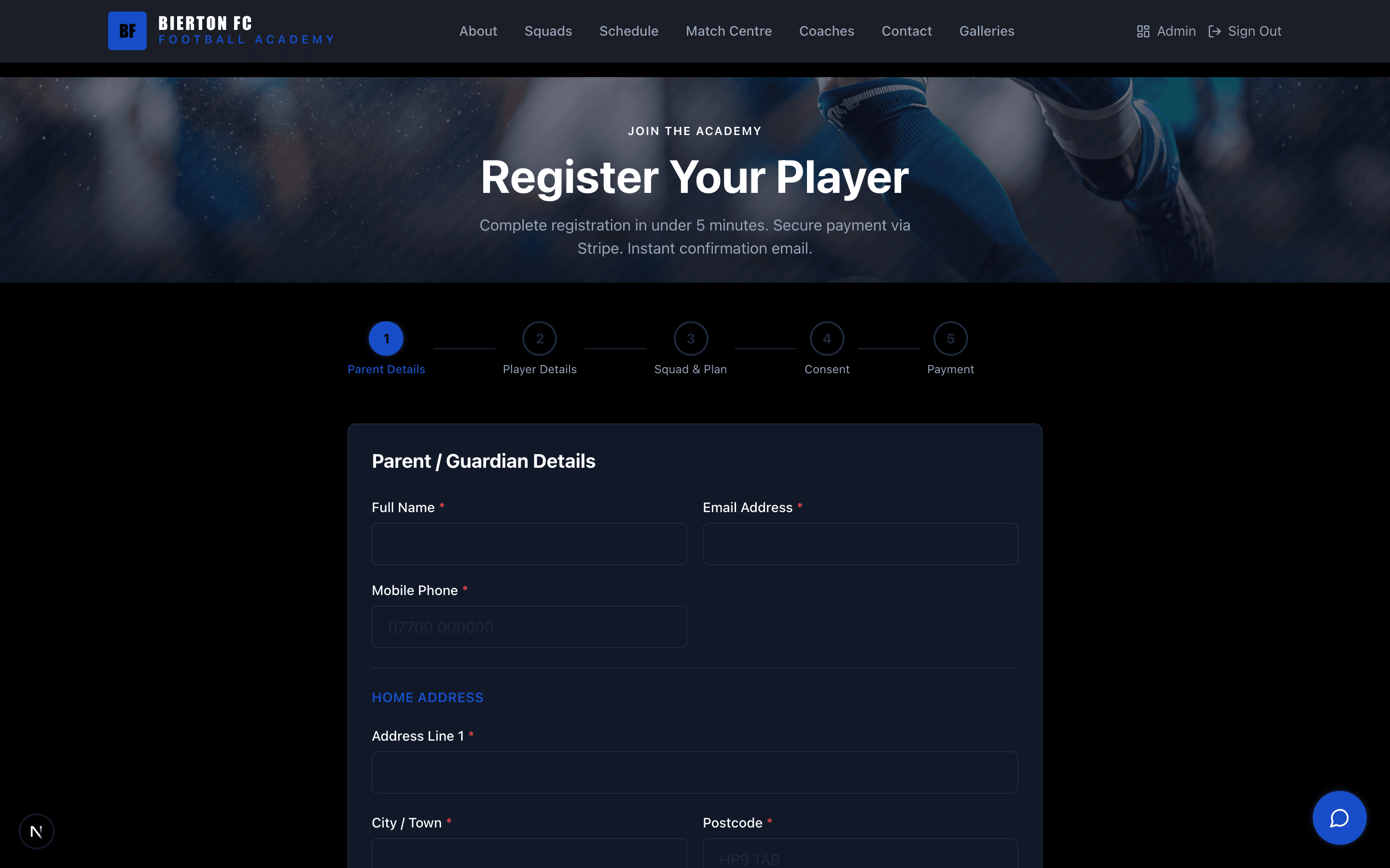 Public registration page where parents choose a squad and payment plan