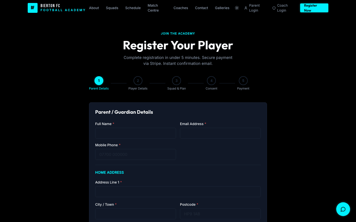 Public registration page where parents choose a squad and payment plan