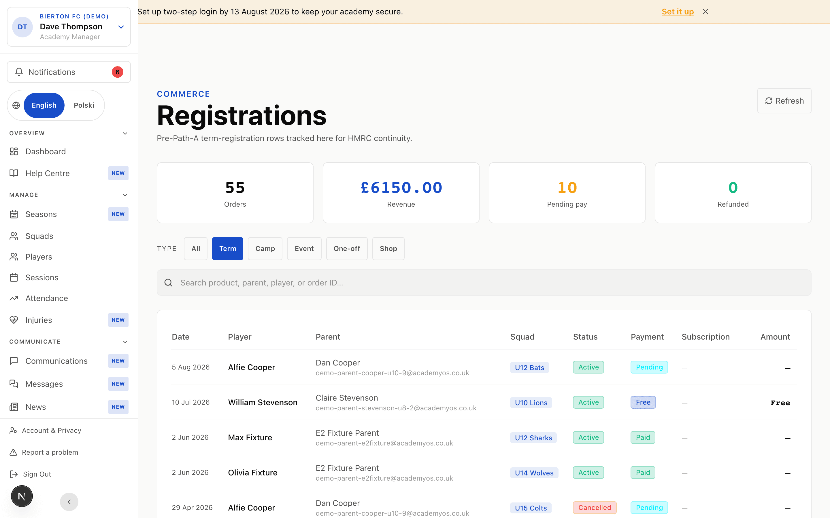 Orders admin page with KPI cards, payment + subscription status badges, and order table