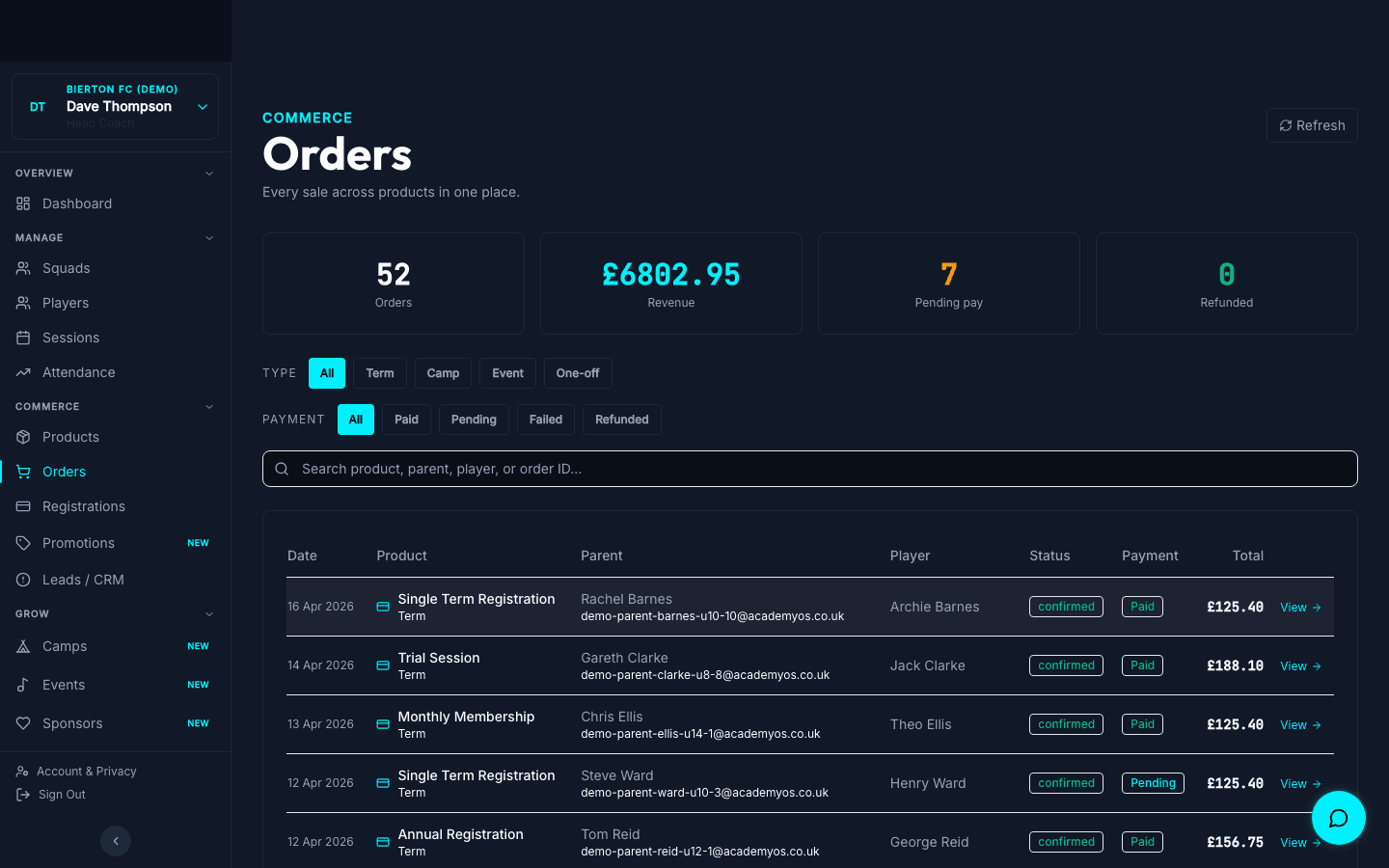 Orders admin page with KPI cards, payment + subscription status badges, and order table