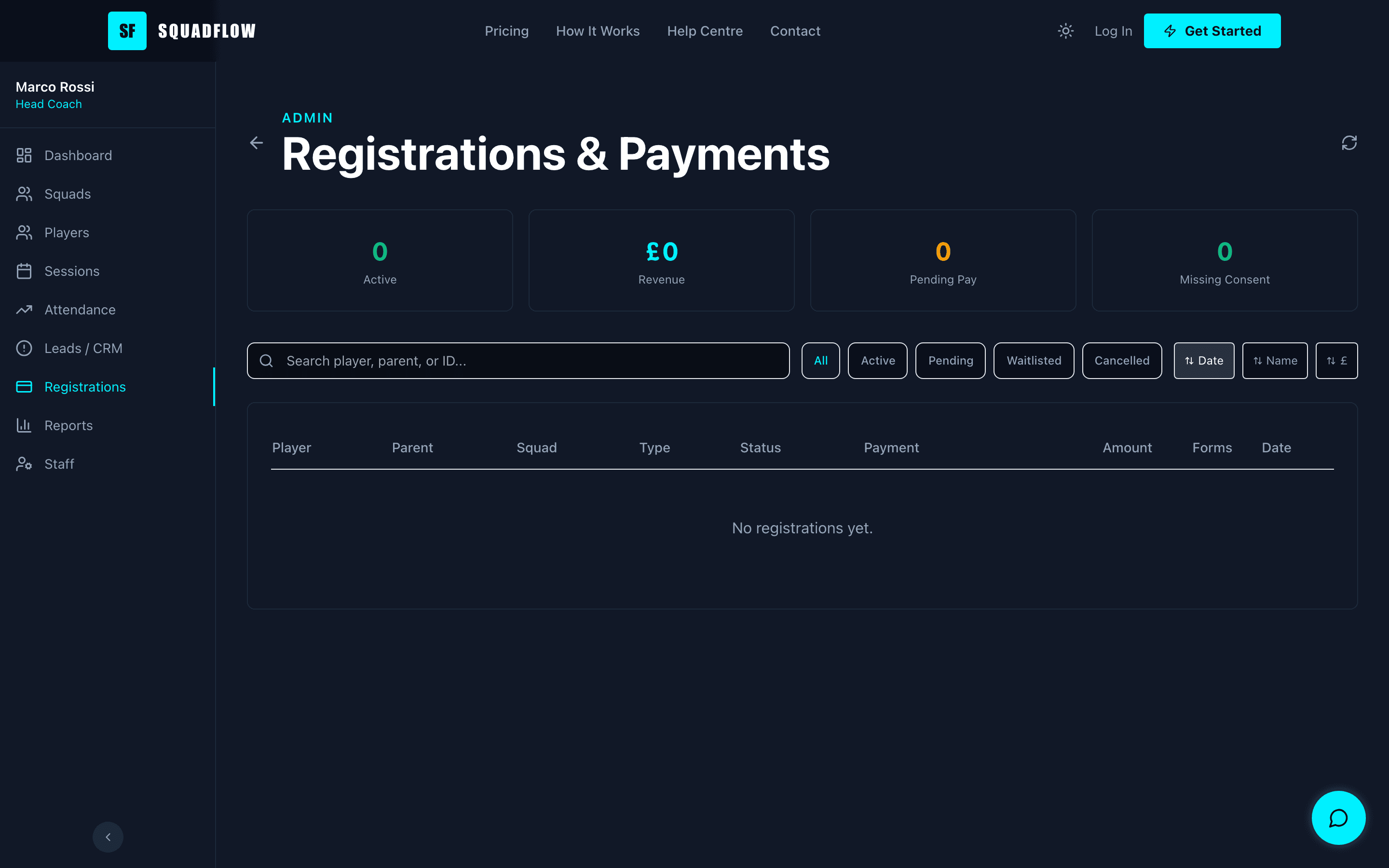 Registrations admin page with KPI cards, payment status badges, and registration table