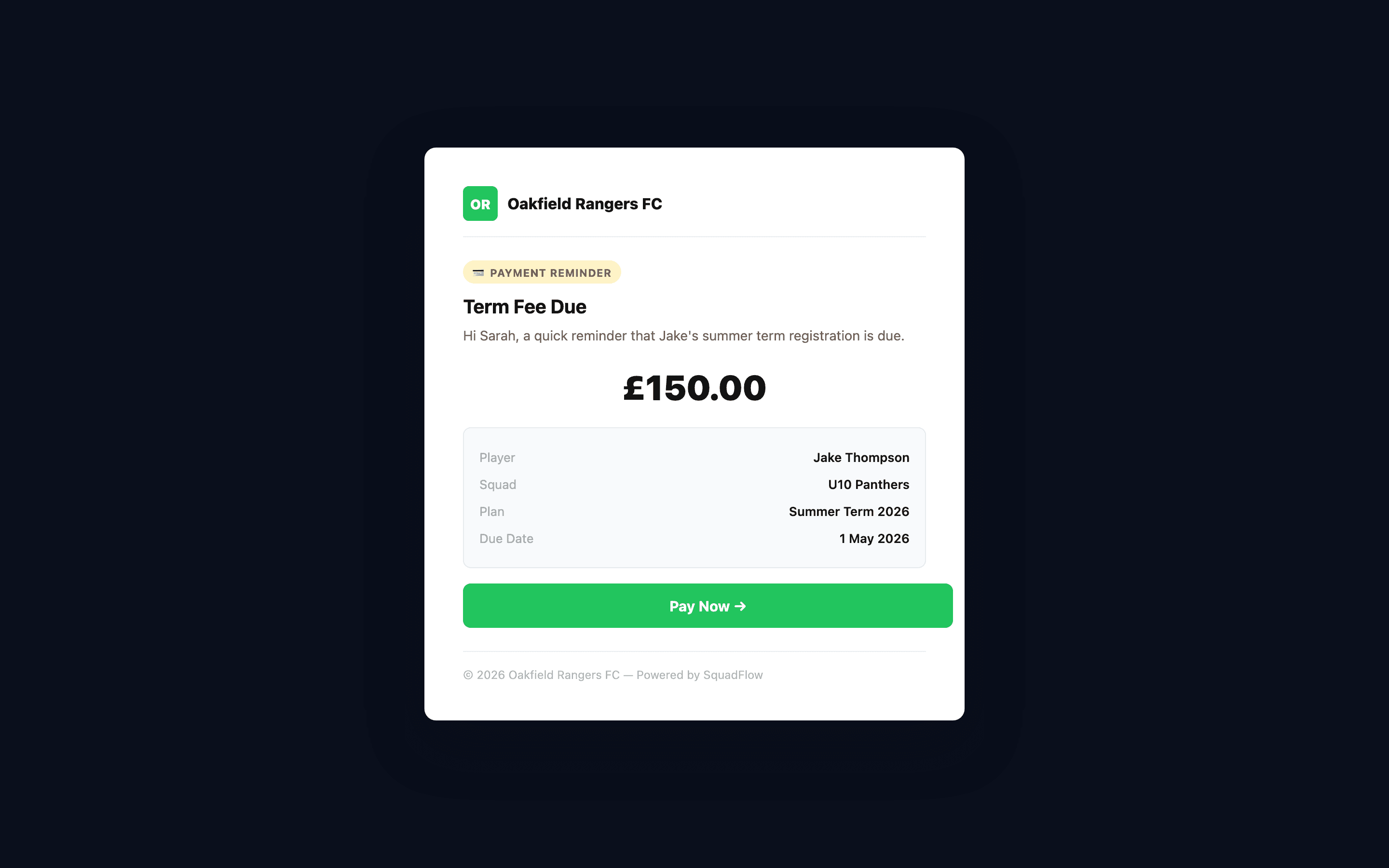 Payment reminder email with amount due, player details, plan summary, and Pay Now button