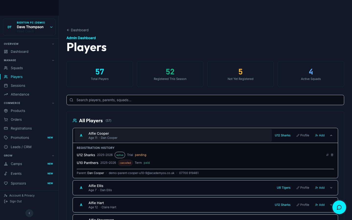 Player ratings screen with effort, technique, teamwork, and attitude scores for each player