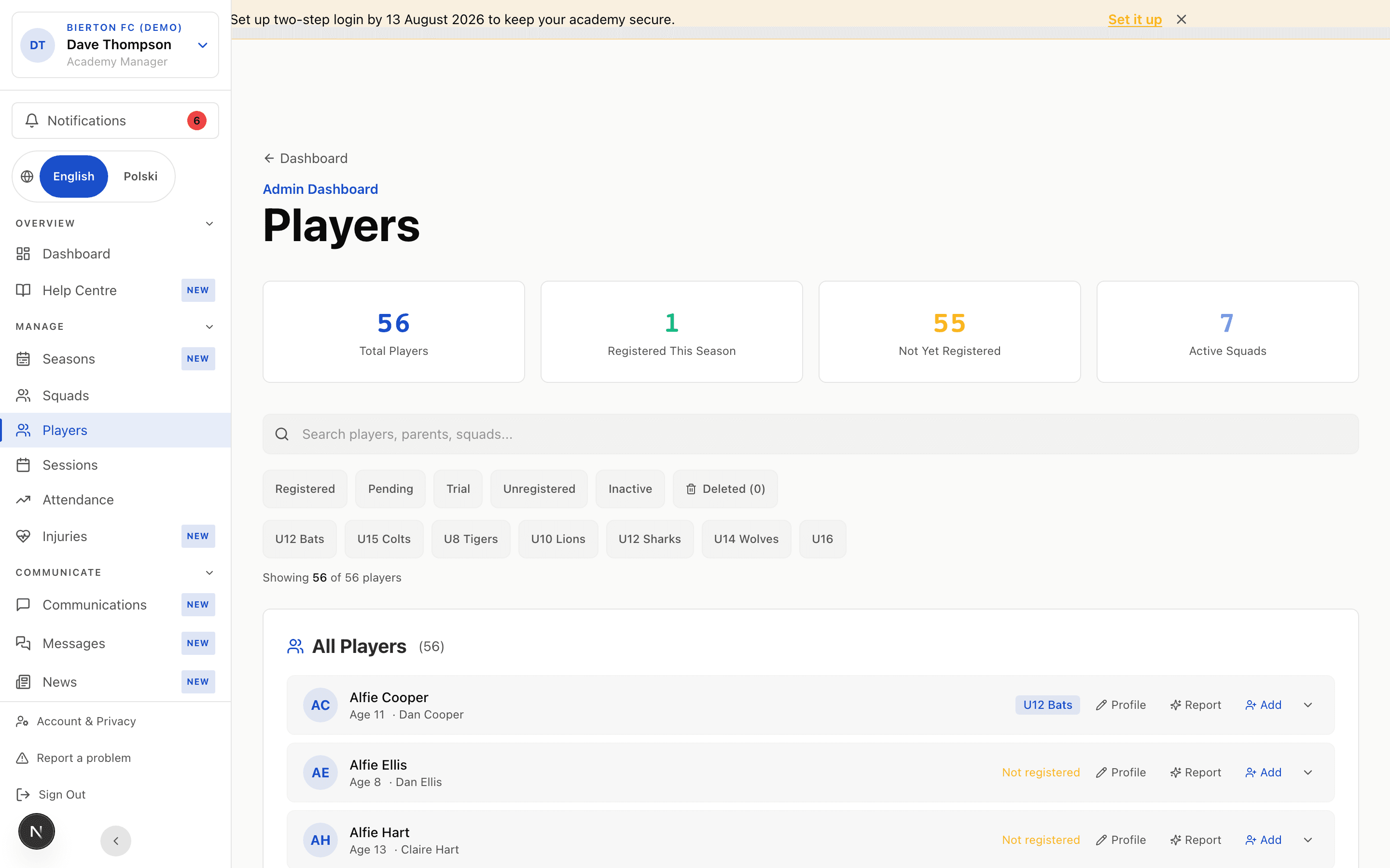 Players page showing all players with attendance, stats, and profile links