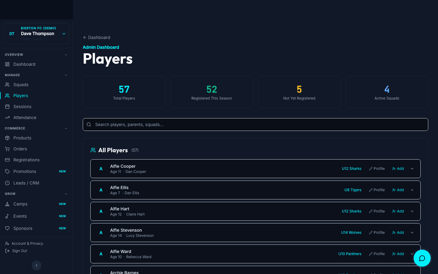 Players page showing all players with attendance, stats, and profile links