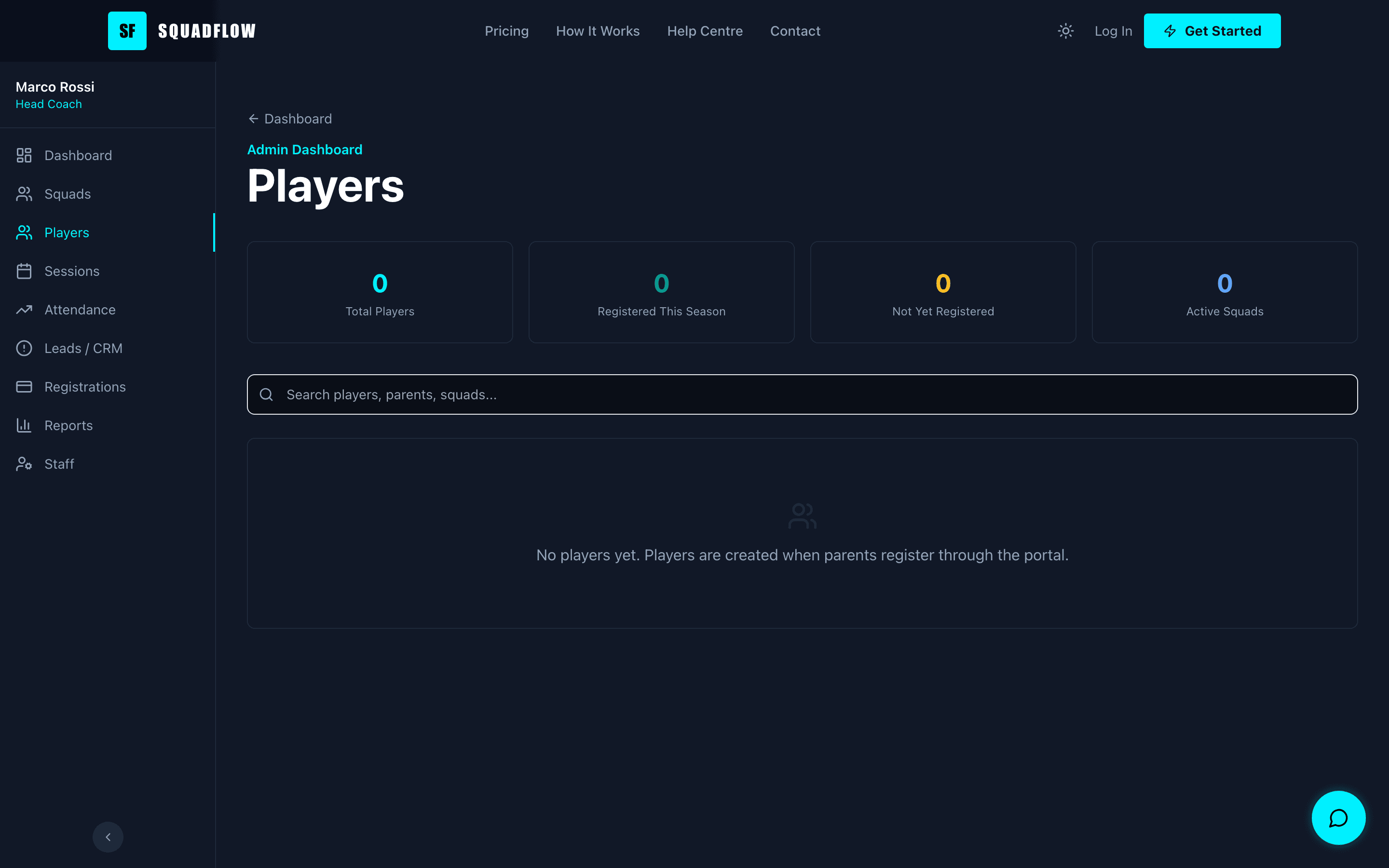 Players page showing all players with attendance, stats, and profile links