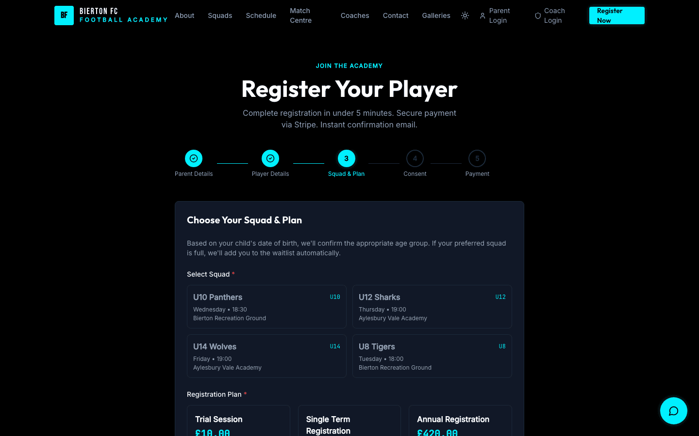 Parent registration wizard — Step 3 showing the squad picker and the published registration plan tiles