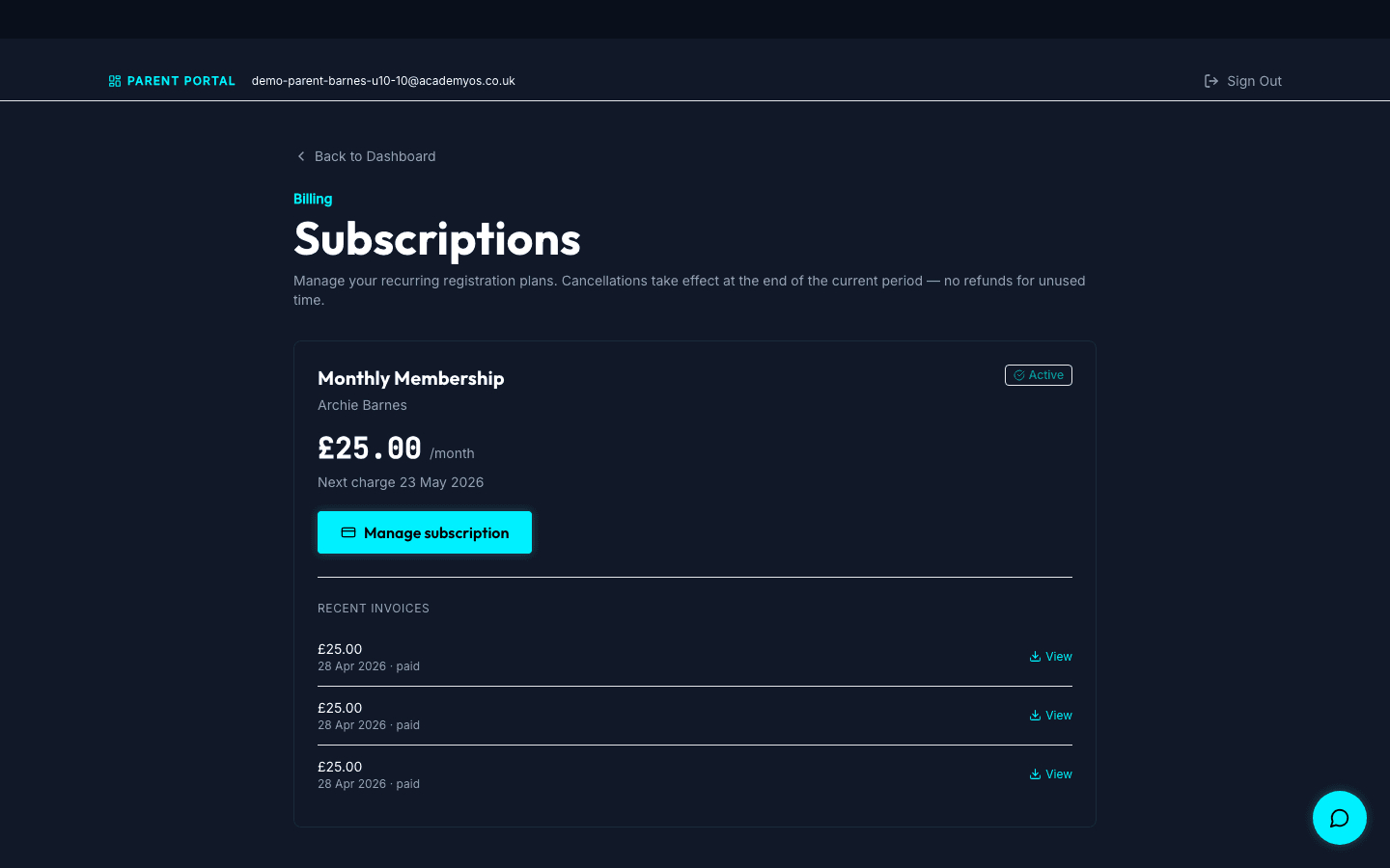 Parent portal /portal/subscriptions page showing an active monthly subscription, next charge date, recent invoices, and a "Manage subscription" button that opens the Stripe Billing Portal