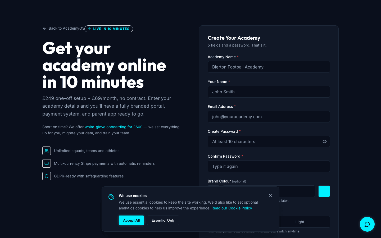 AcademyOS signup page — Get your academy online in 10 minutes