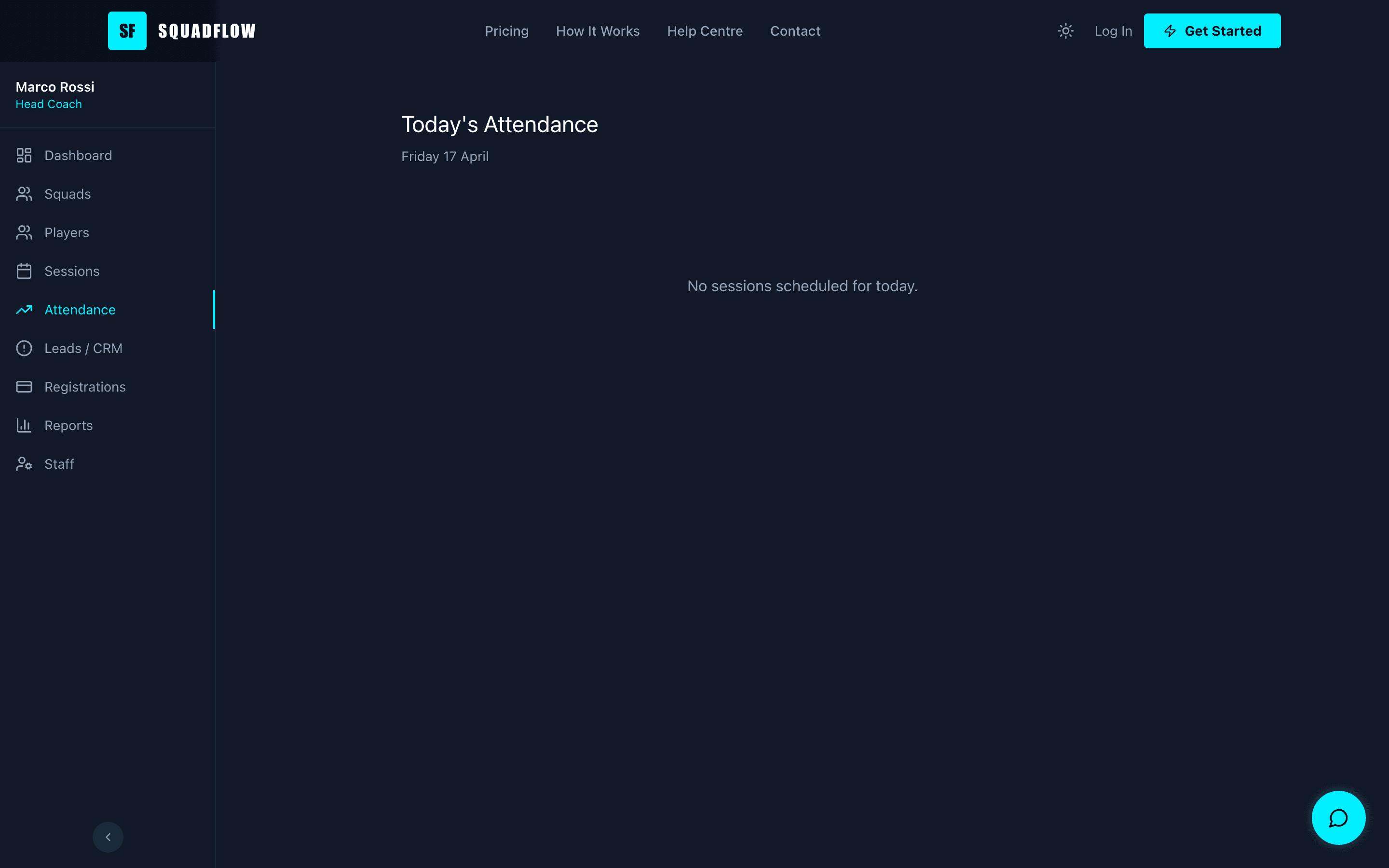 Step 10 — Attendance page showing today's sessions with player checkboxes