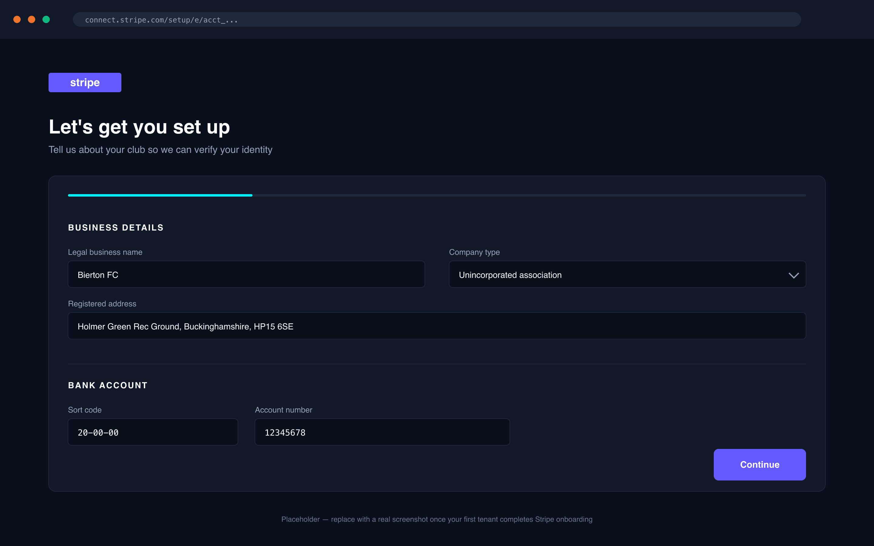 Step 2 — Stripe Connect Express onboarding form with business details and bank account fields