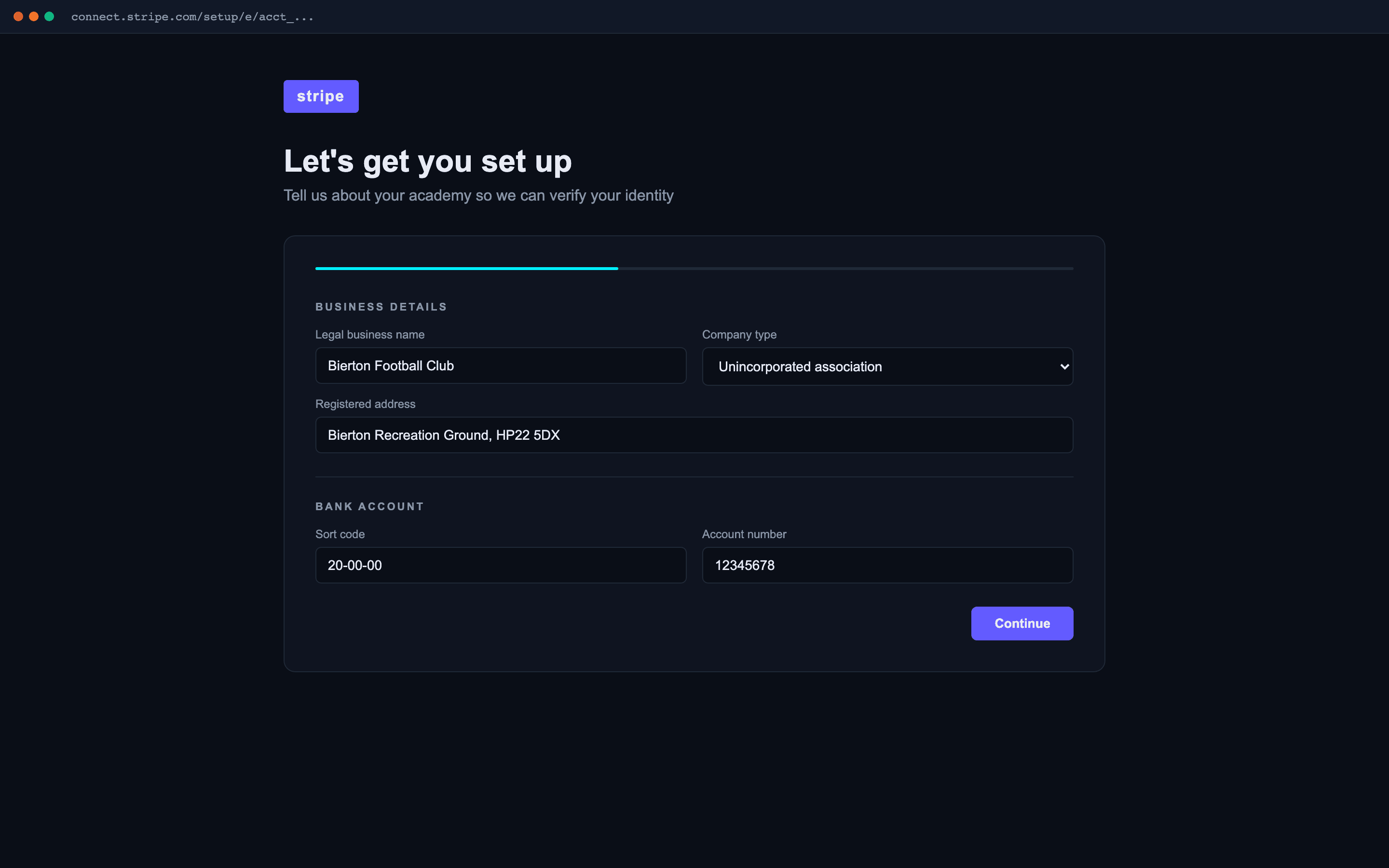 Stripe Connect Express onboarding — business details, director info, bank account