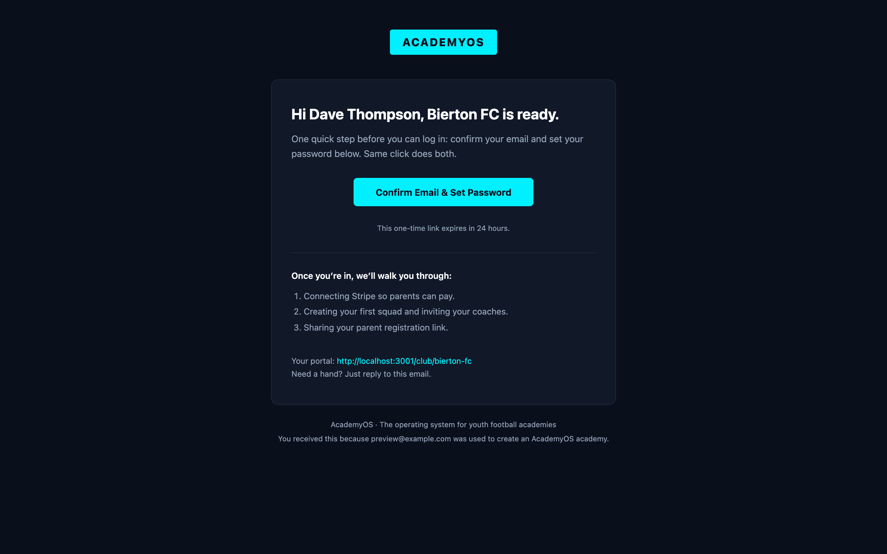 Email confirmation inbox — AcademyOS welcome and Supabase verification emails