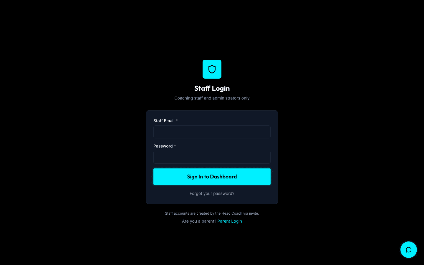 Staff login page with email and password fields