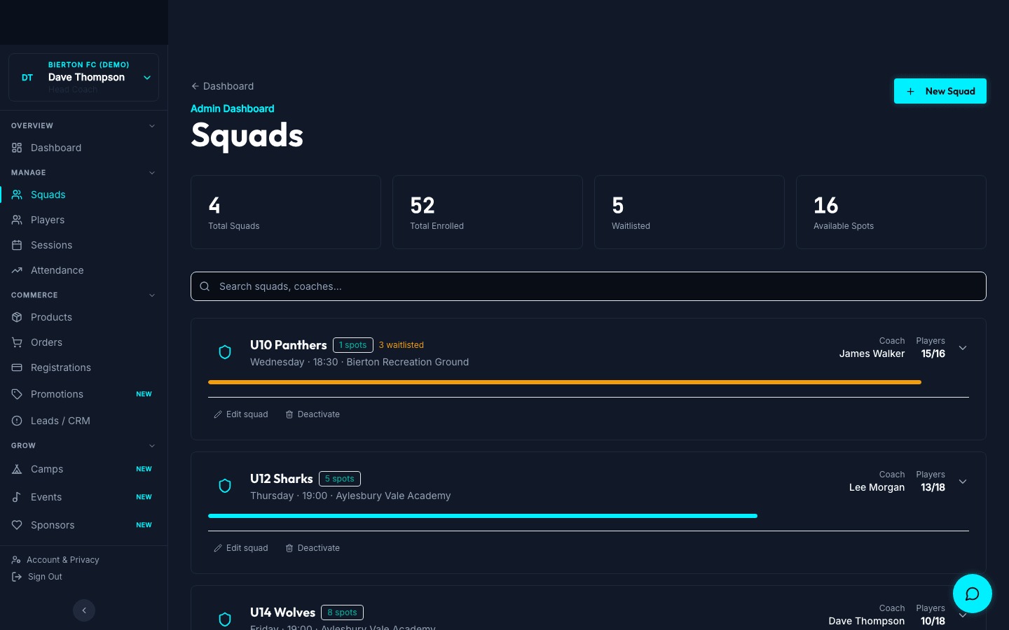 Squad management page with create-squad modal