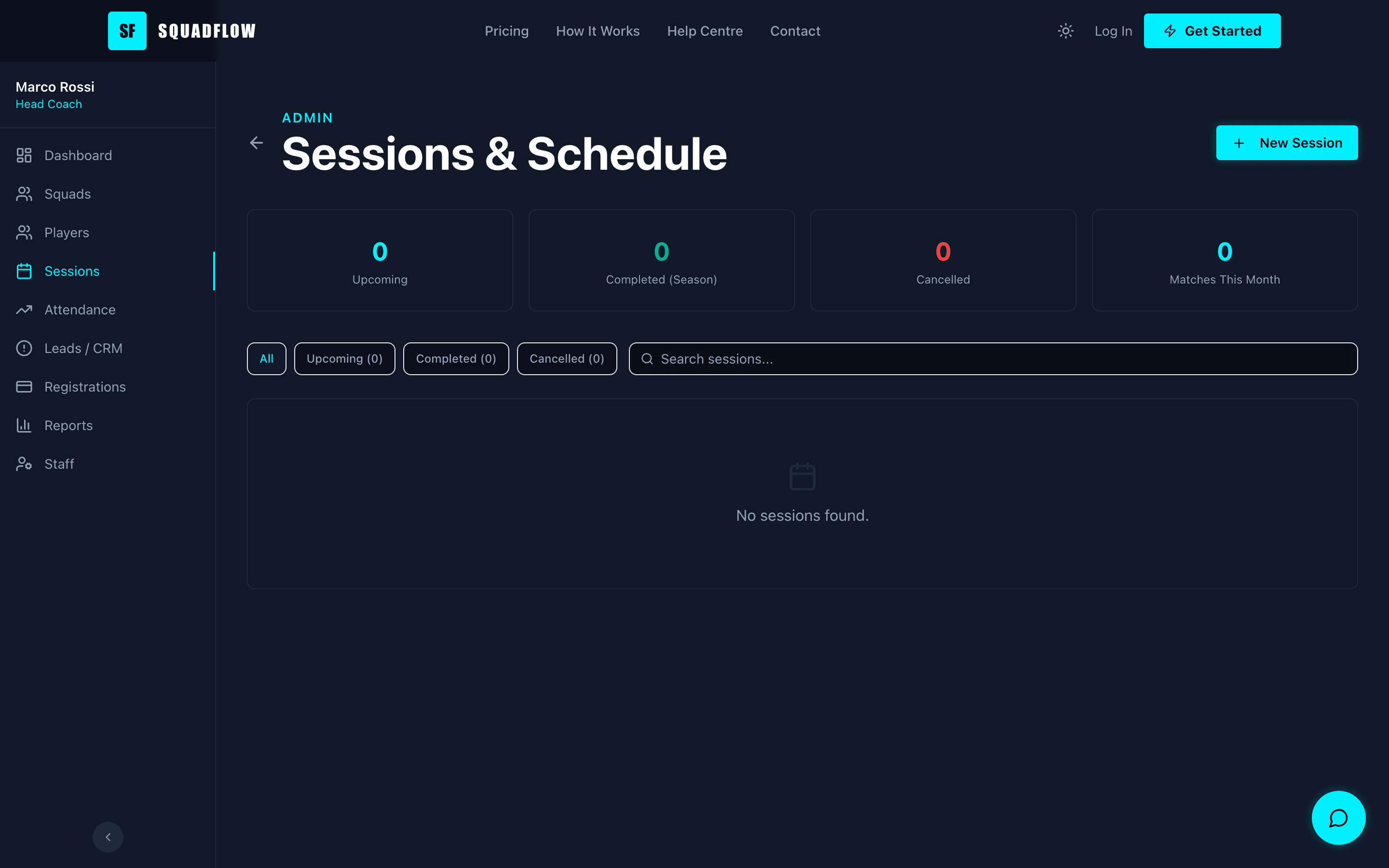 Step 7 — Sessions page with create session modal showing match details