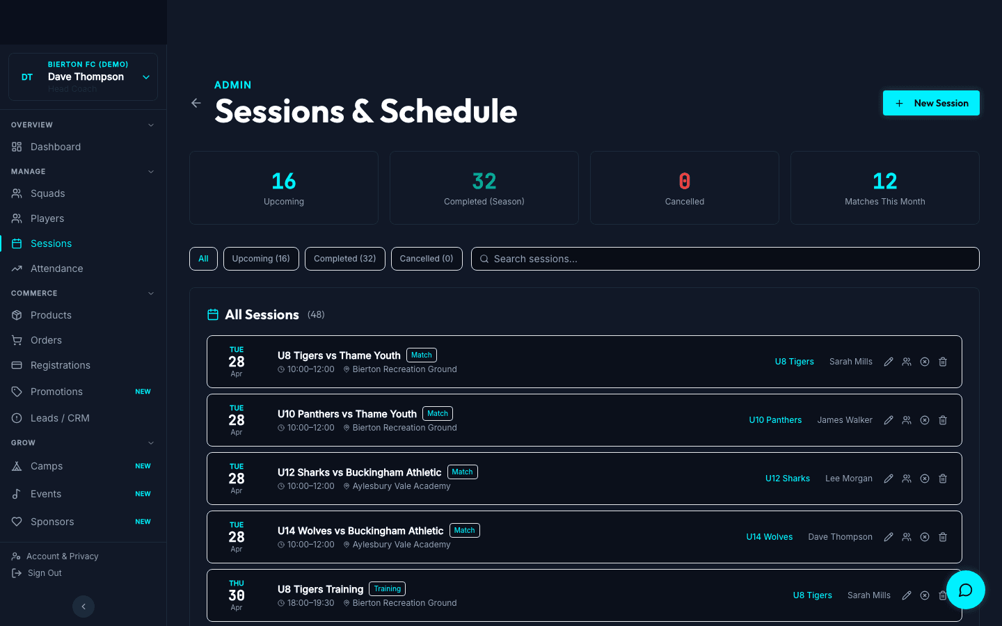 Sessions admin page with create-session modal and match-detail fields