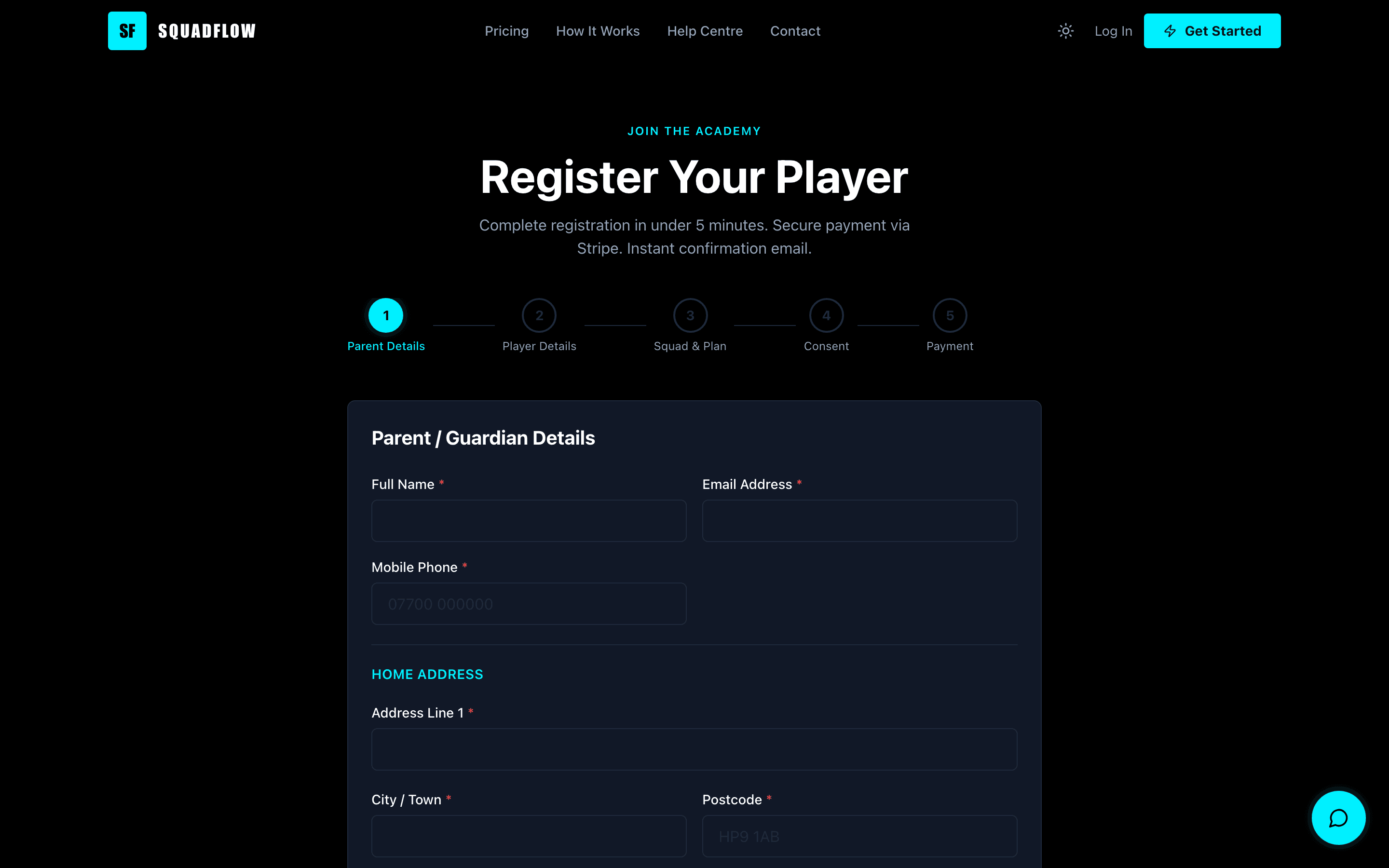 Step 8 — Parent registration wizard showing step-by-step form