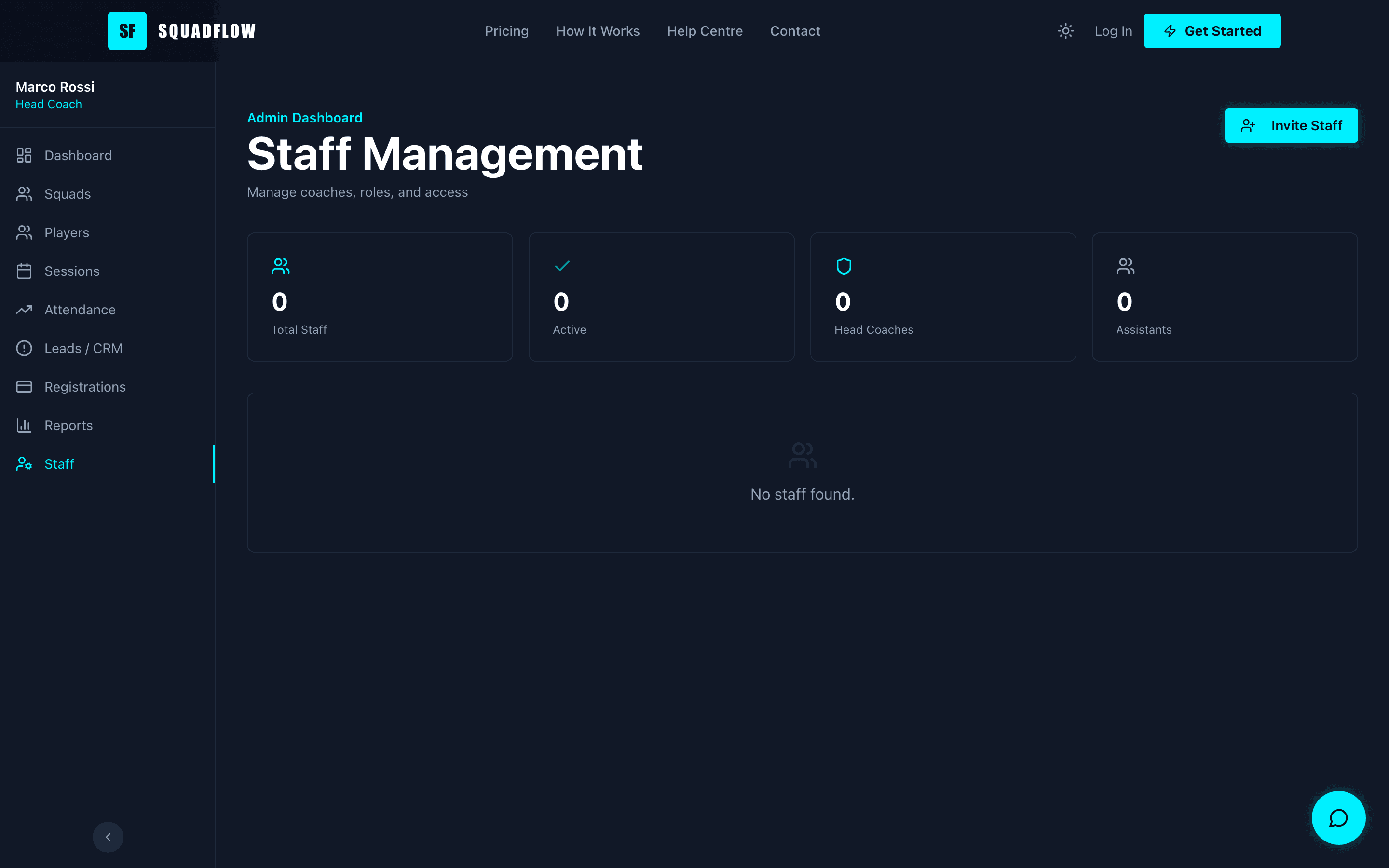 Step 9 — Staff management page with invite coach modal