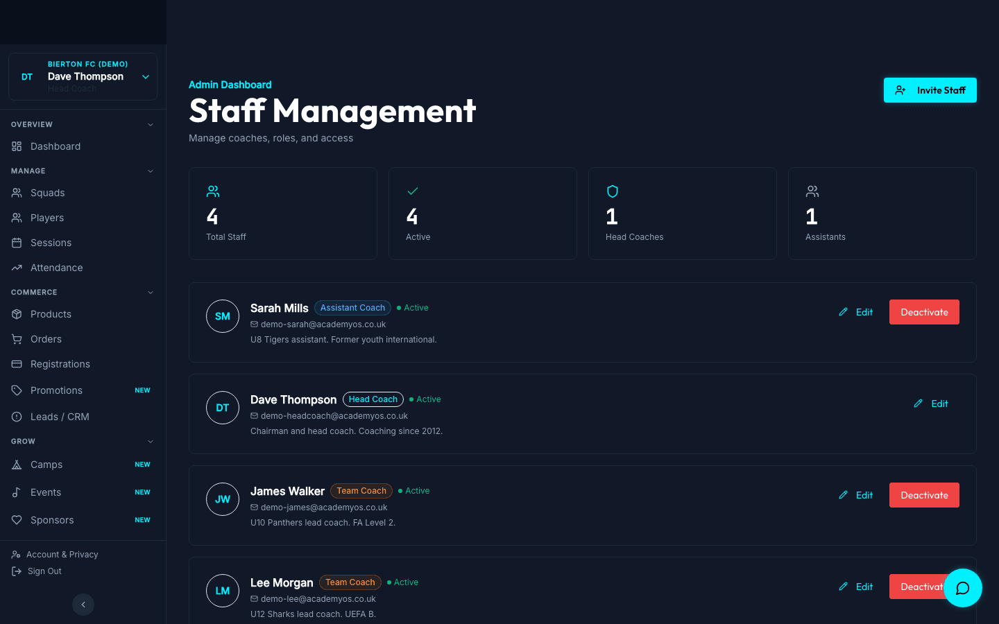 Staff management page with invite-coach modal