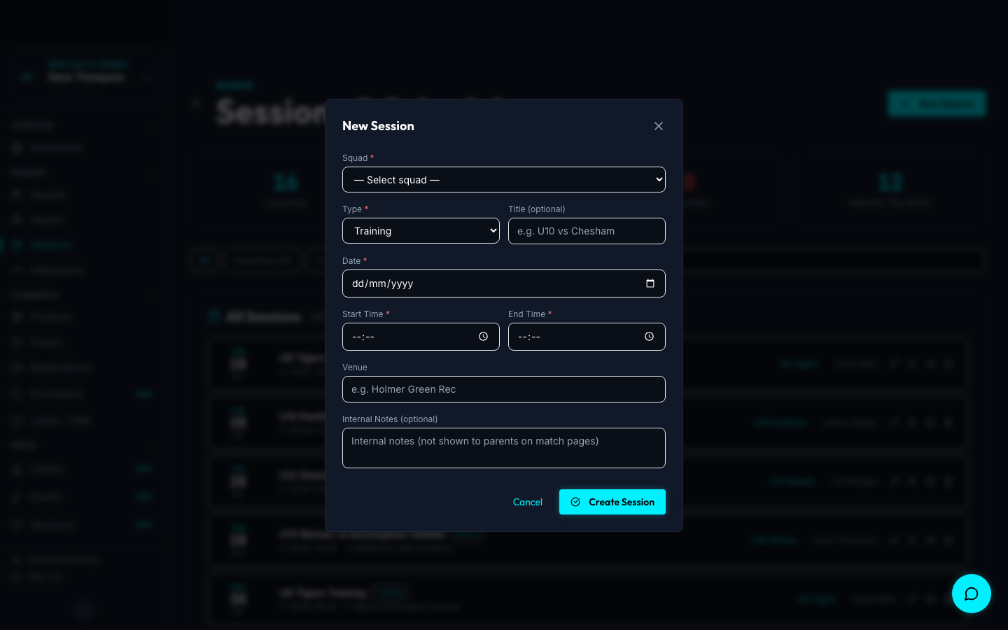Create match modal with opponent, venue, date, meet time, and match notes fields