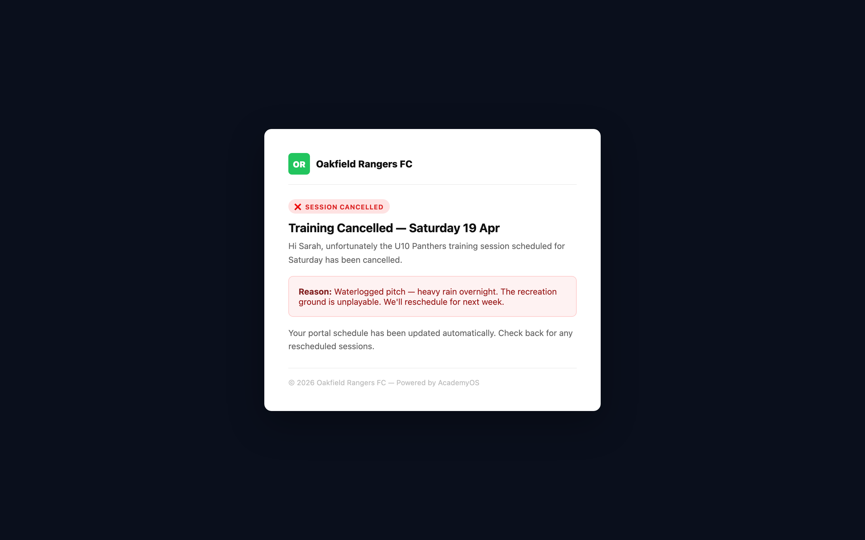 Session cancellation email showing cancelled badge, reason (waterlogged pitch), and updated portal note