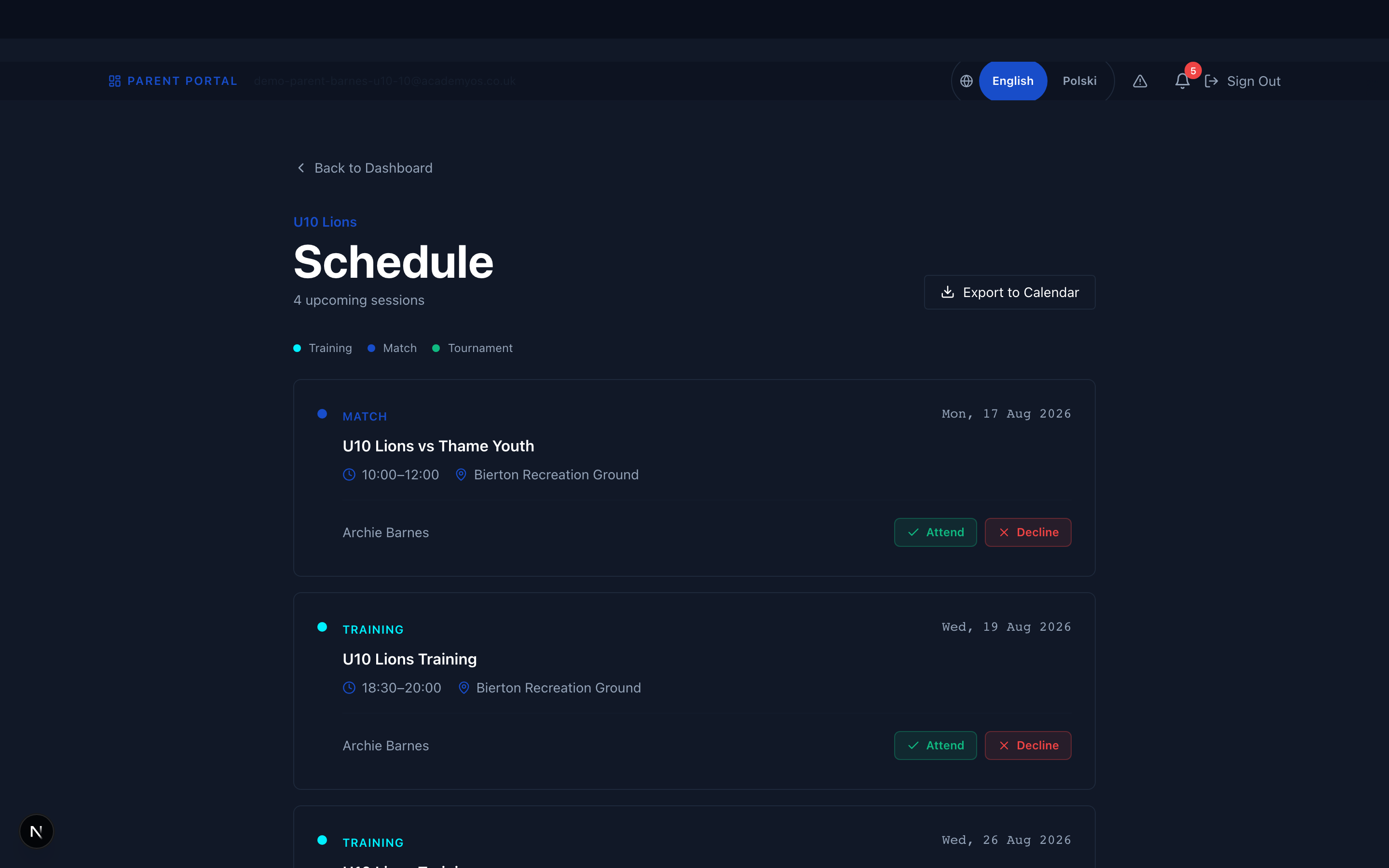 Parent portal schedule page showing upcoming sessions and matches with dates, times, and venues