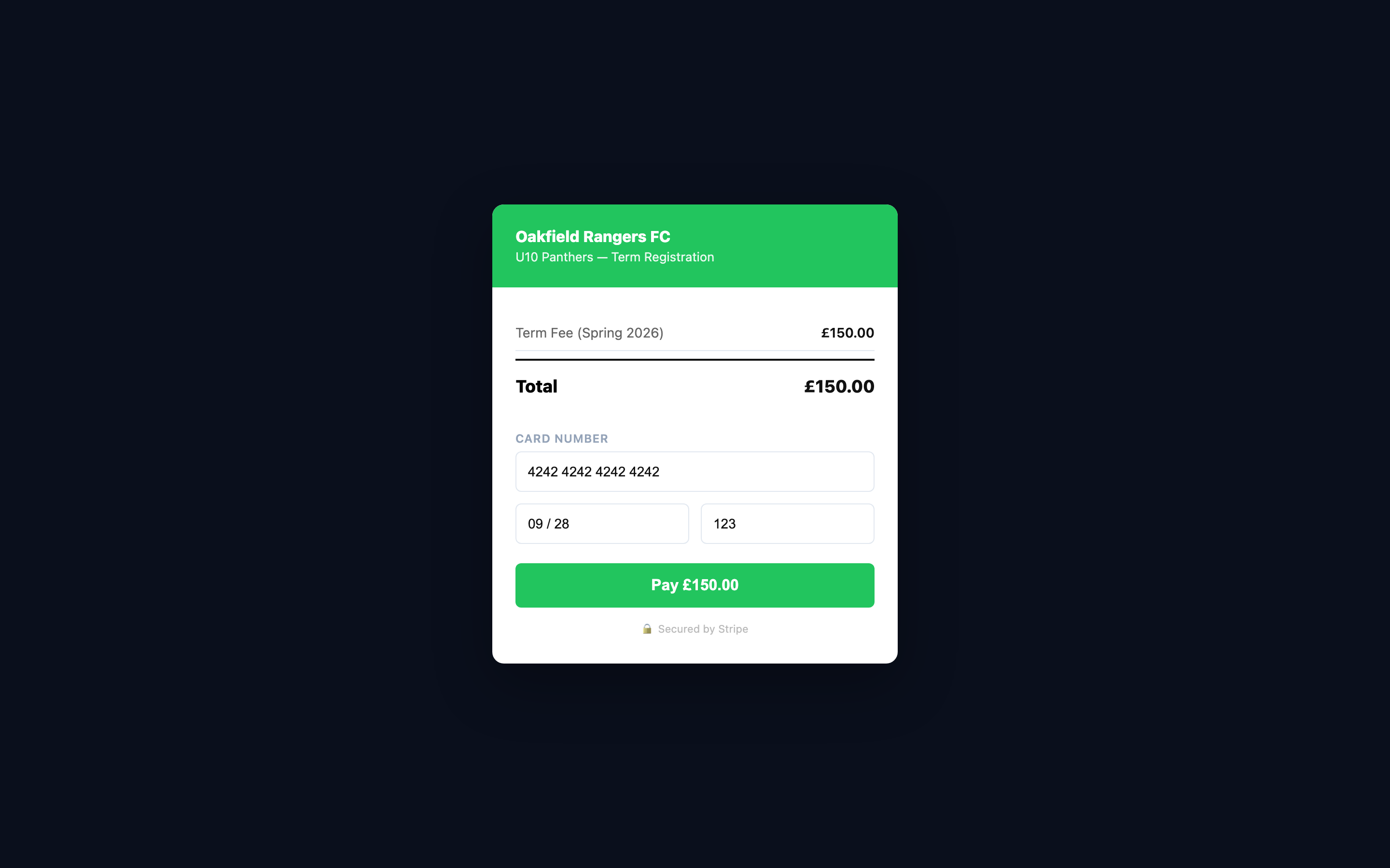 Stripe checkout showing the term fee and an identical total — the price the academy sets is the price the parent pays