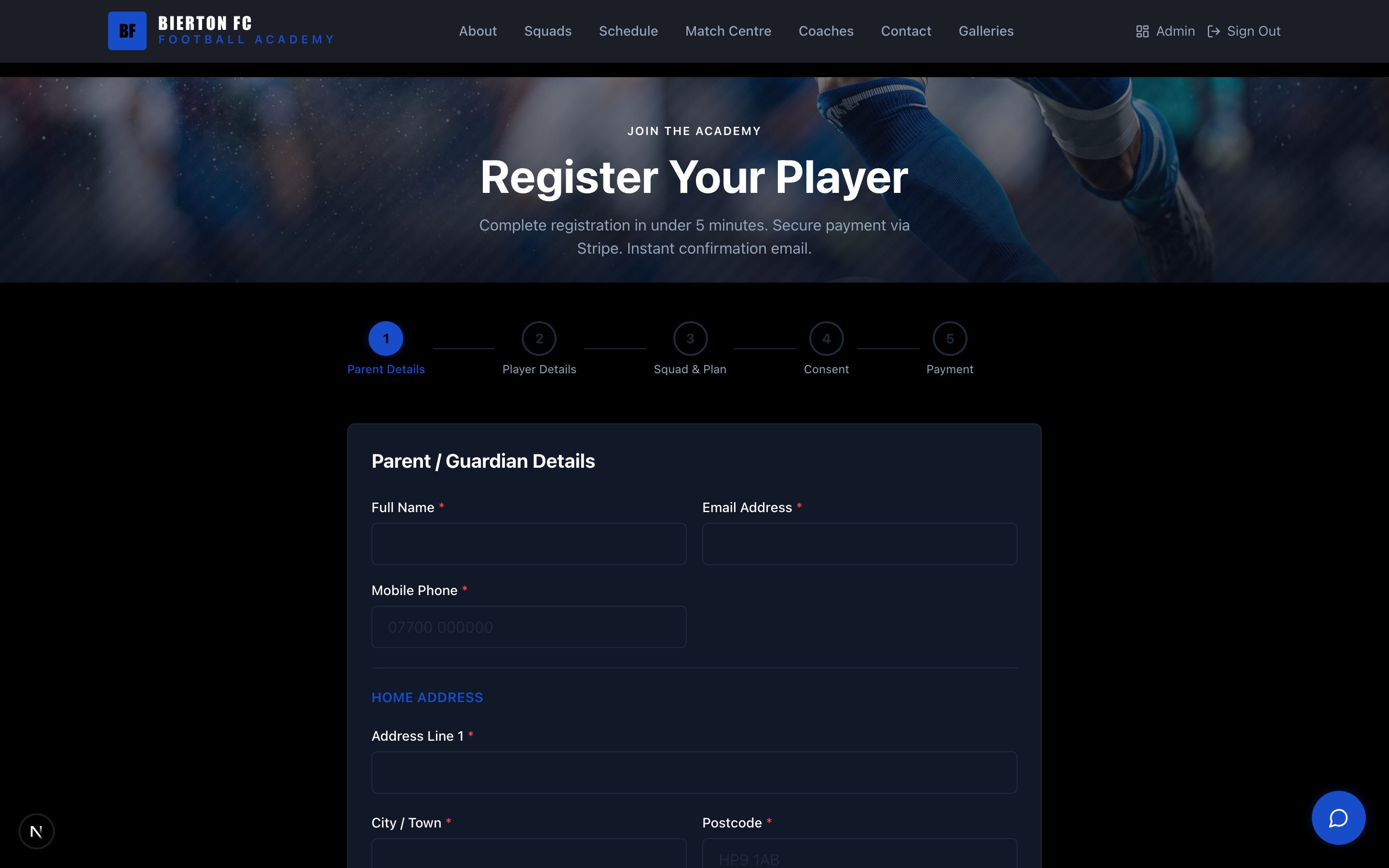 Public registration page where parents choose a squad and payment plan