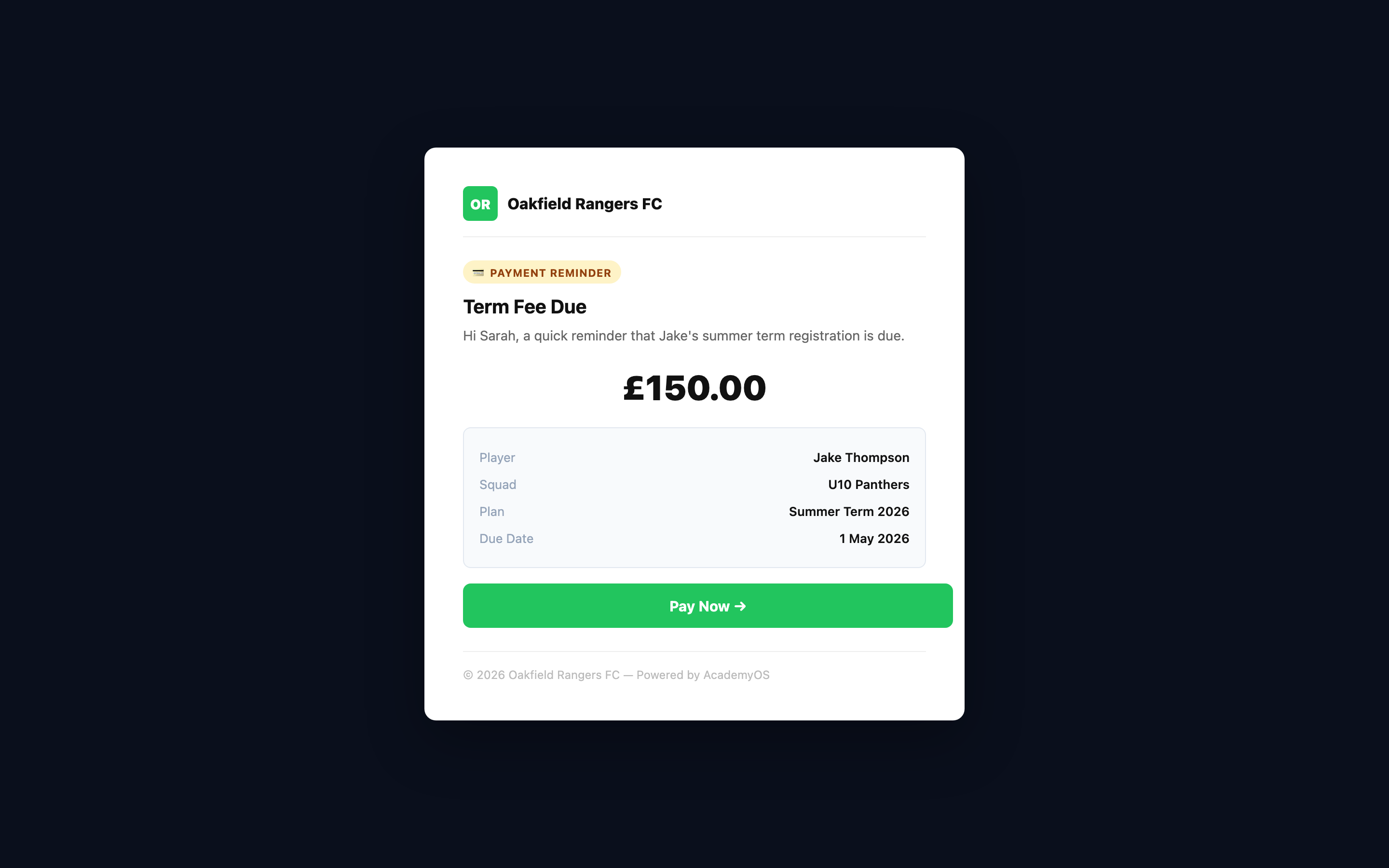 Payment reminder email with amount due, player details, plan summary, and Pay Now button