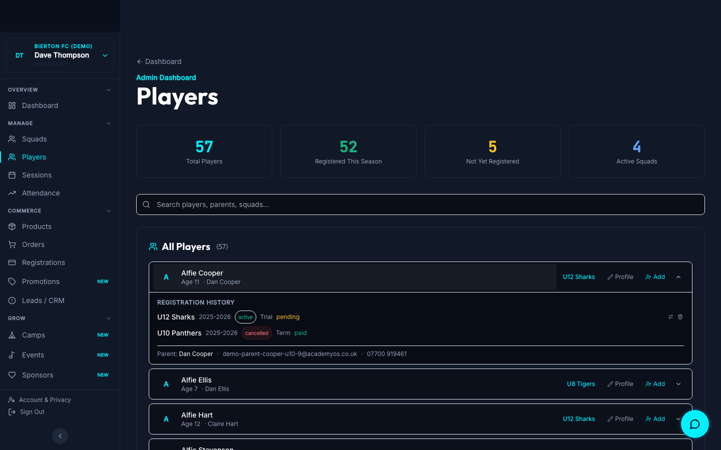 Player ratings screen with effort, technique, teamwork, and attitude scores for each player