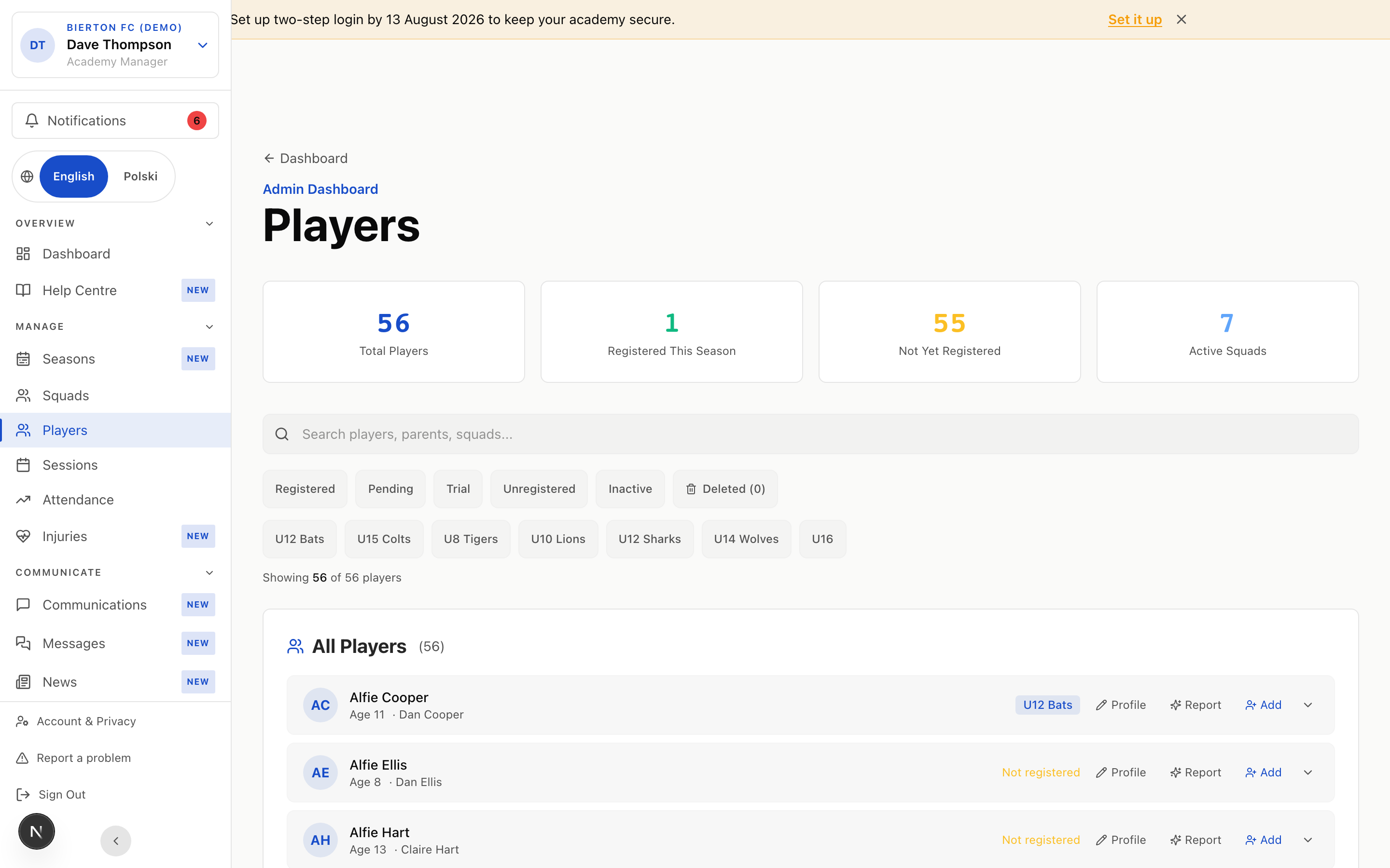 Players page showing all players with attendance, stats, and profile links