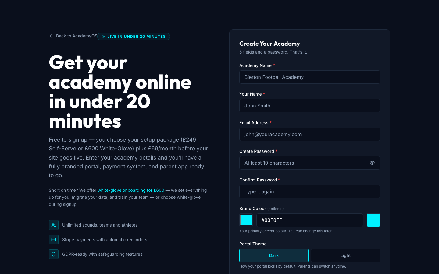 AcademyOS signup page — Get your academy online in under 20 minutes